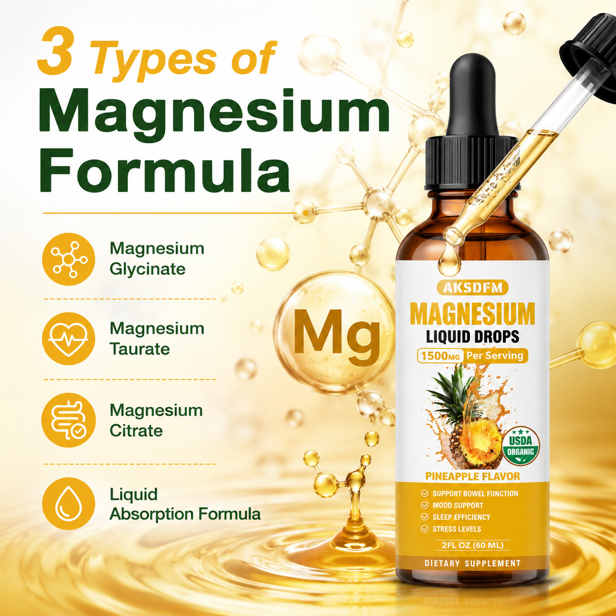 2 Pack Magnesium Liquid Drops 1500mg Pineapple Flavor 60ml Vegan Gluten Free