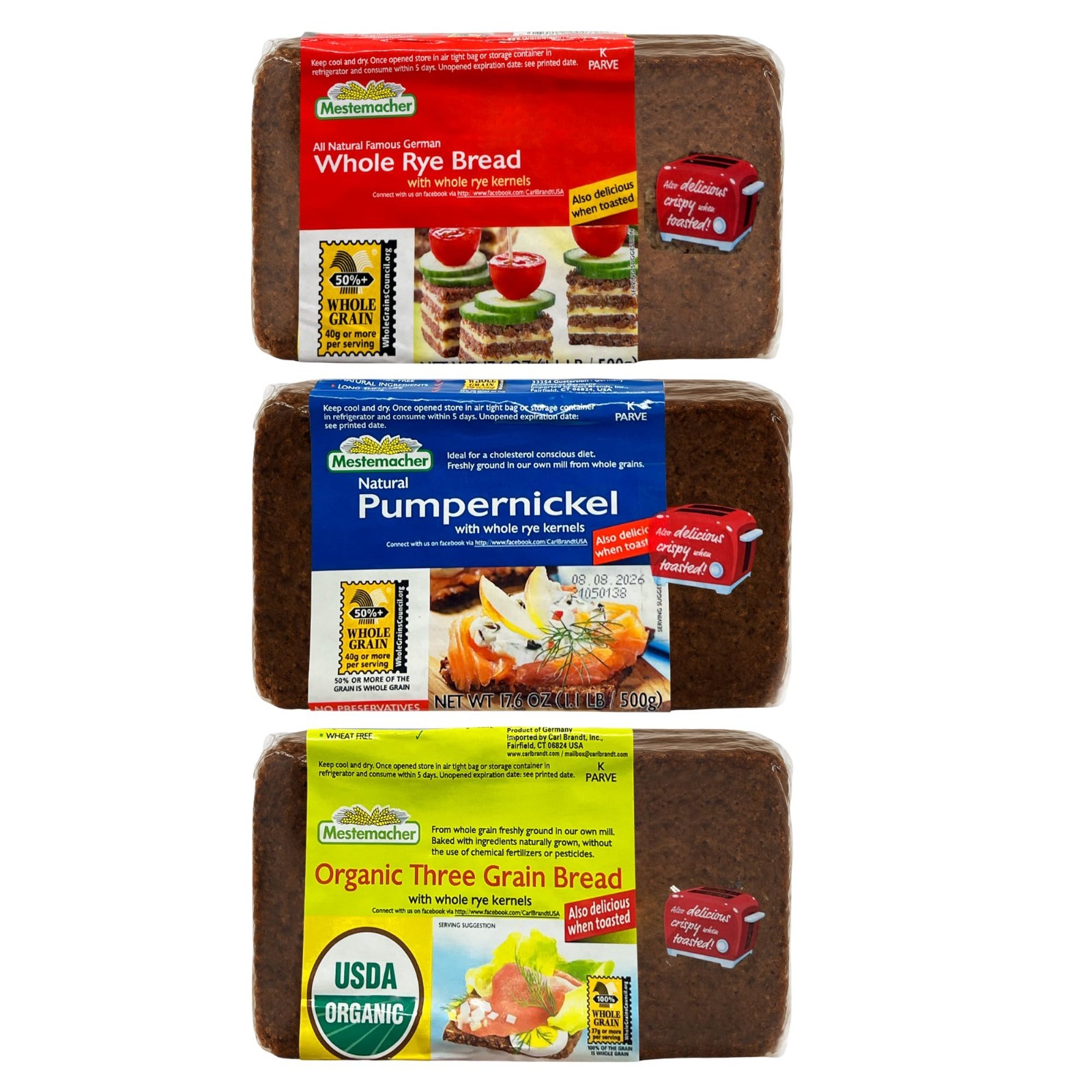 High Fiber Bread Variety Pack – Organic Three Grain, Pumpernickel & Whole Rye, 3