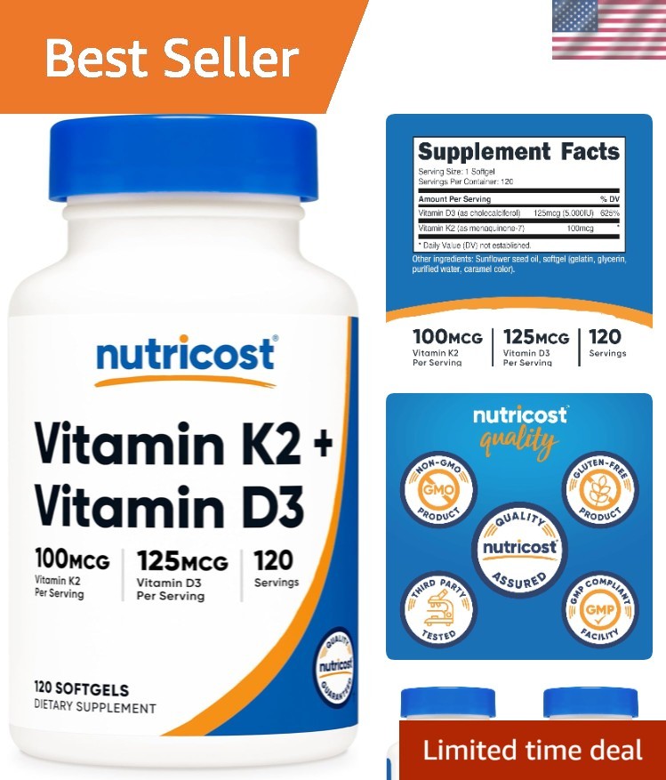 120 Softgels of Vitamin D3 5000 IU & K2 100 mcg – Non-GMO & Gluten Free