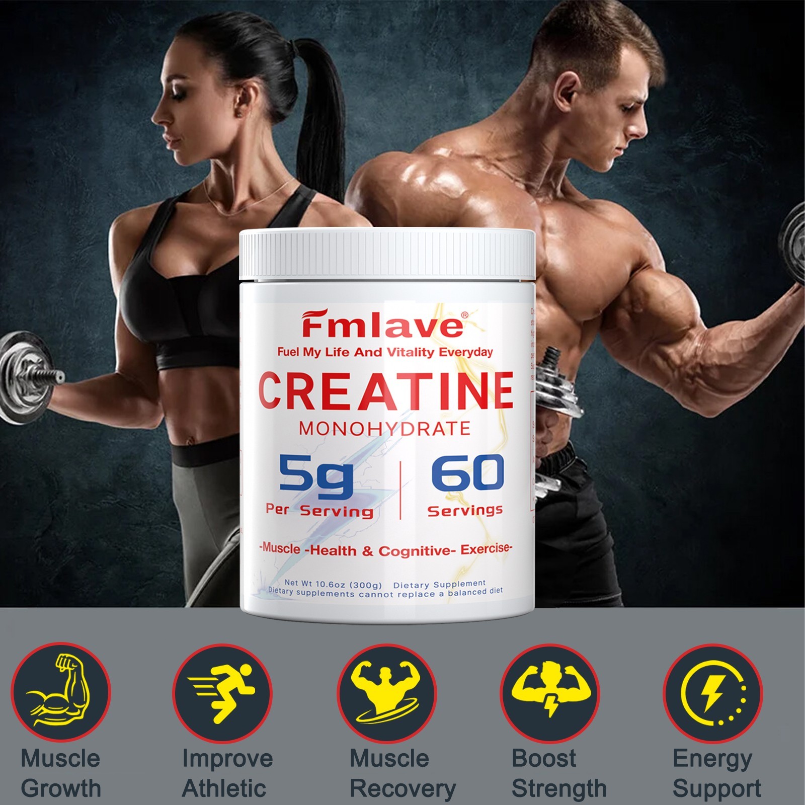 Micronized Creatine Monohydrate Powder 300g, 60 Servings, Unflavored, Non-GMO
