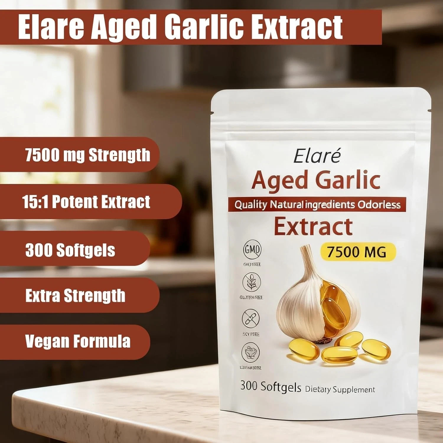 Elare Aged Garlic Extract, 300 Softgels, 7500mg Odorless | Heart & Immune pack 1