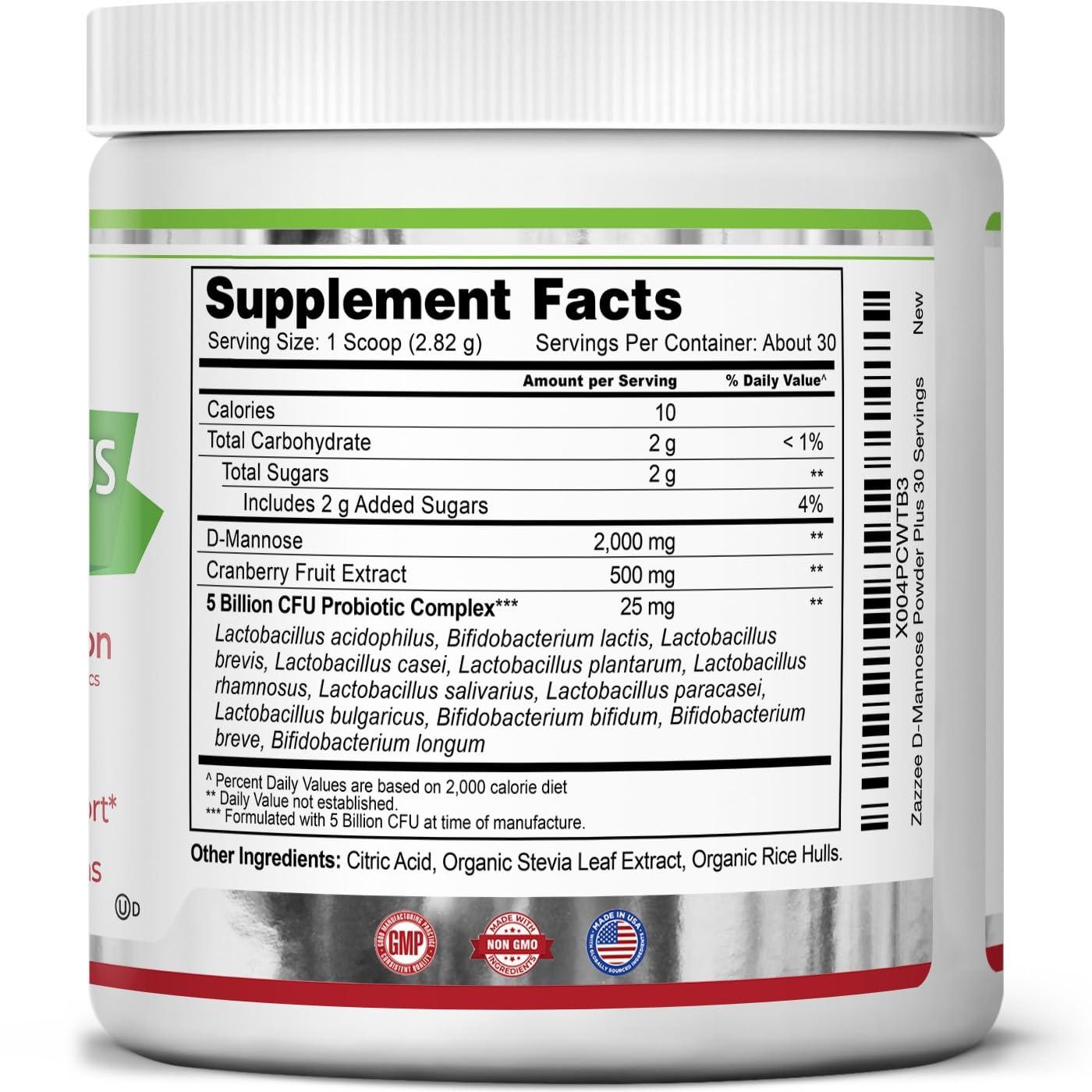 Zazzee D-Mannose Powder Plus, 2000 mg, 30 Servings, Potent & Fast-Acting