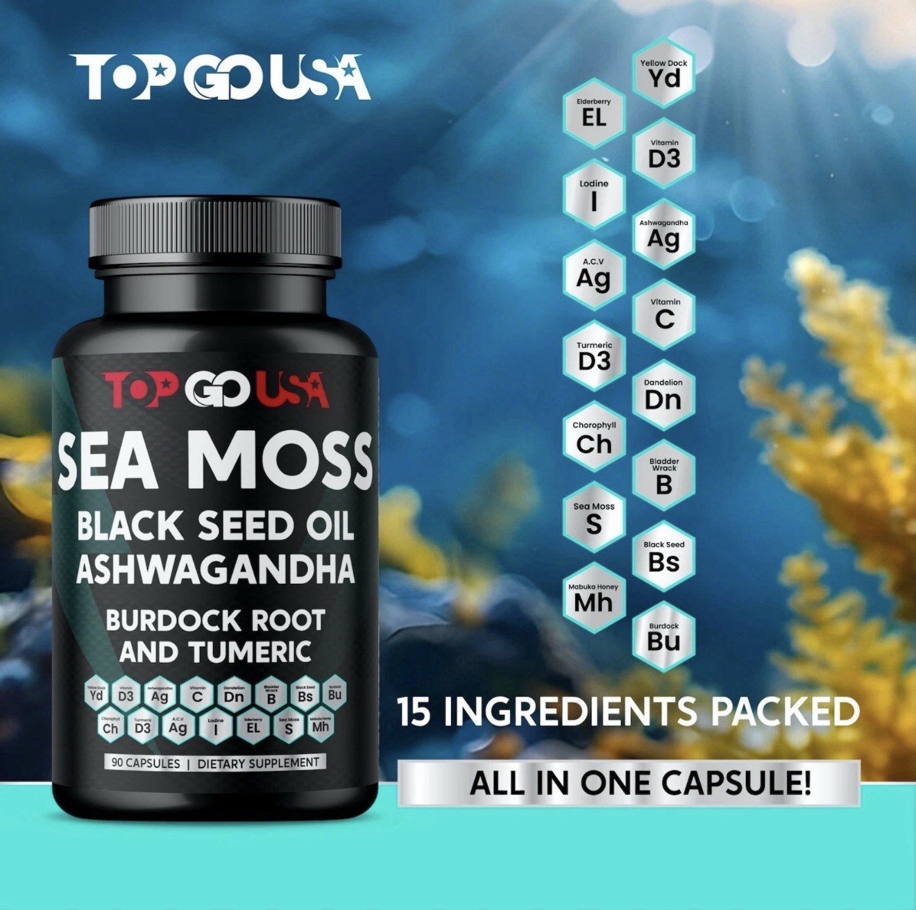 Sea Moss Black Seed Oil Ashwagandha Burdock Root Turmeric 90 Capsules New Sealed