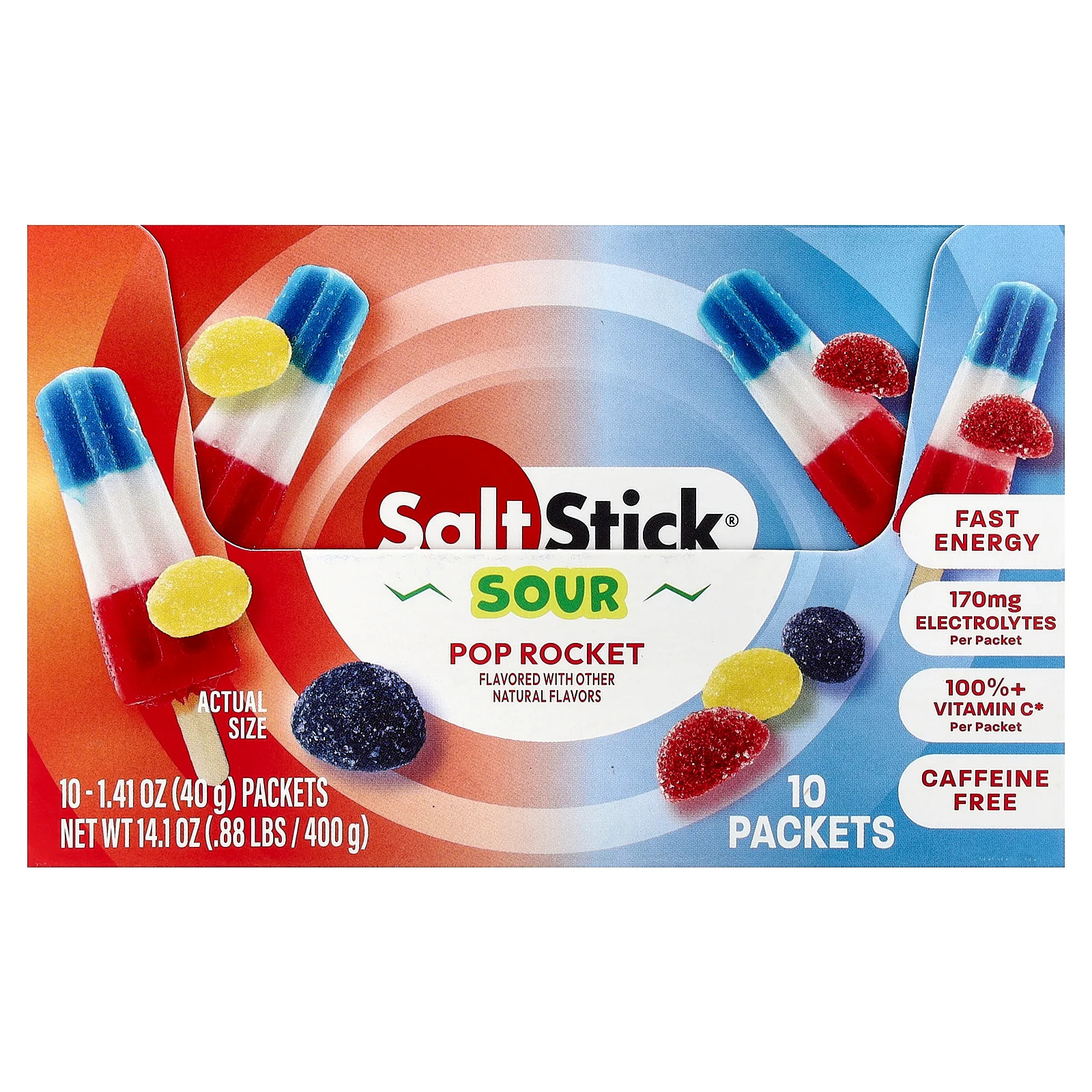 2 X SaltStick, Energy Gummies, Sour Pop Rocket, 10 Packets, 1.41 oz (40 g) Each