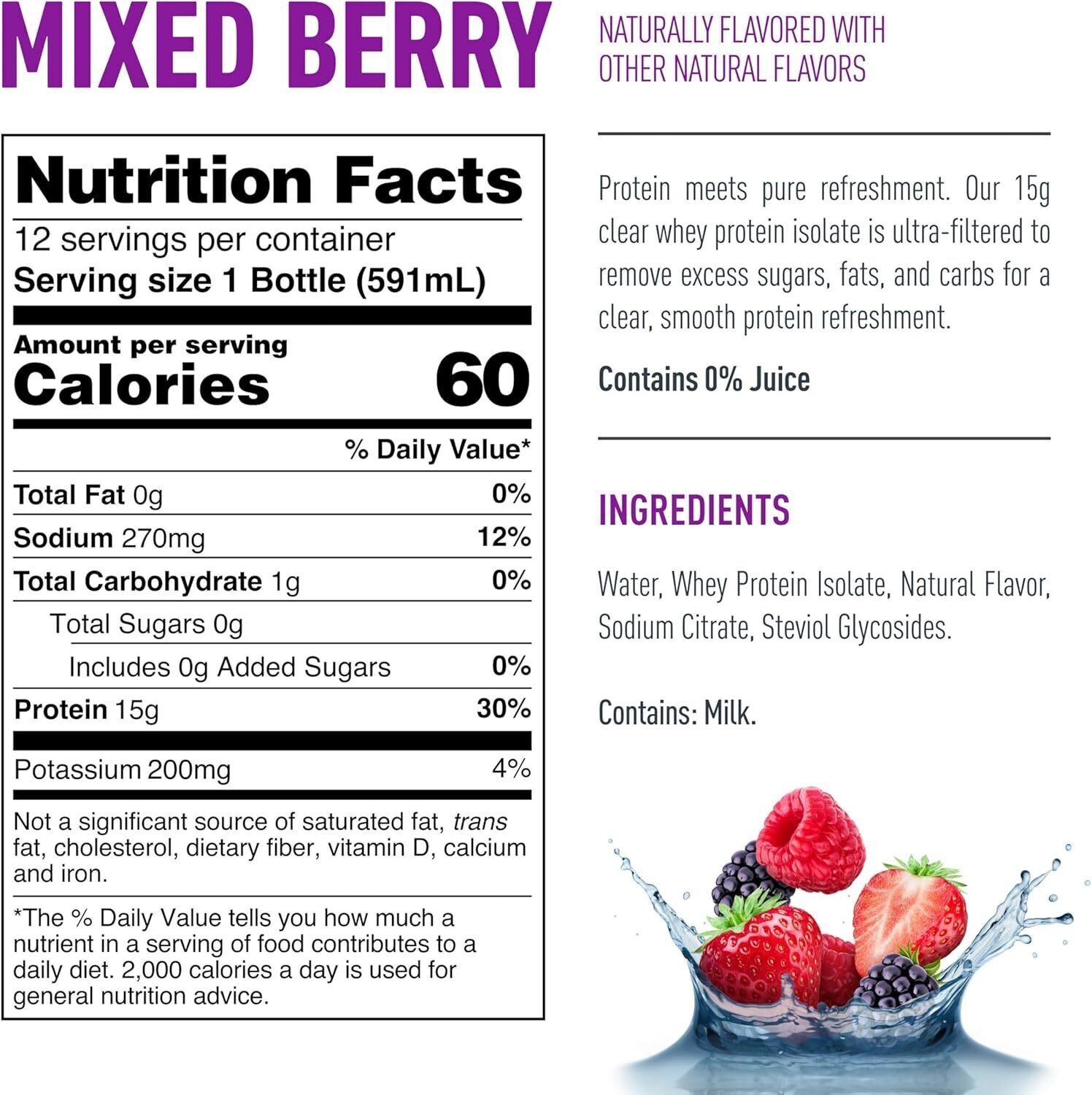Isopure Clear Protein Water w/ Electrolytes, 15g Whey – Mixed Berry, 12 Pack
