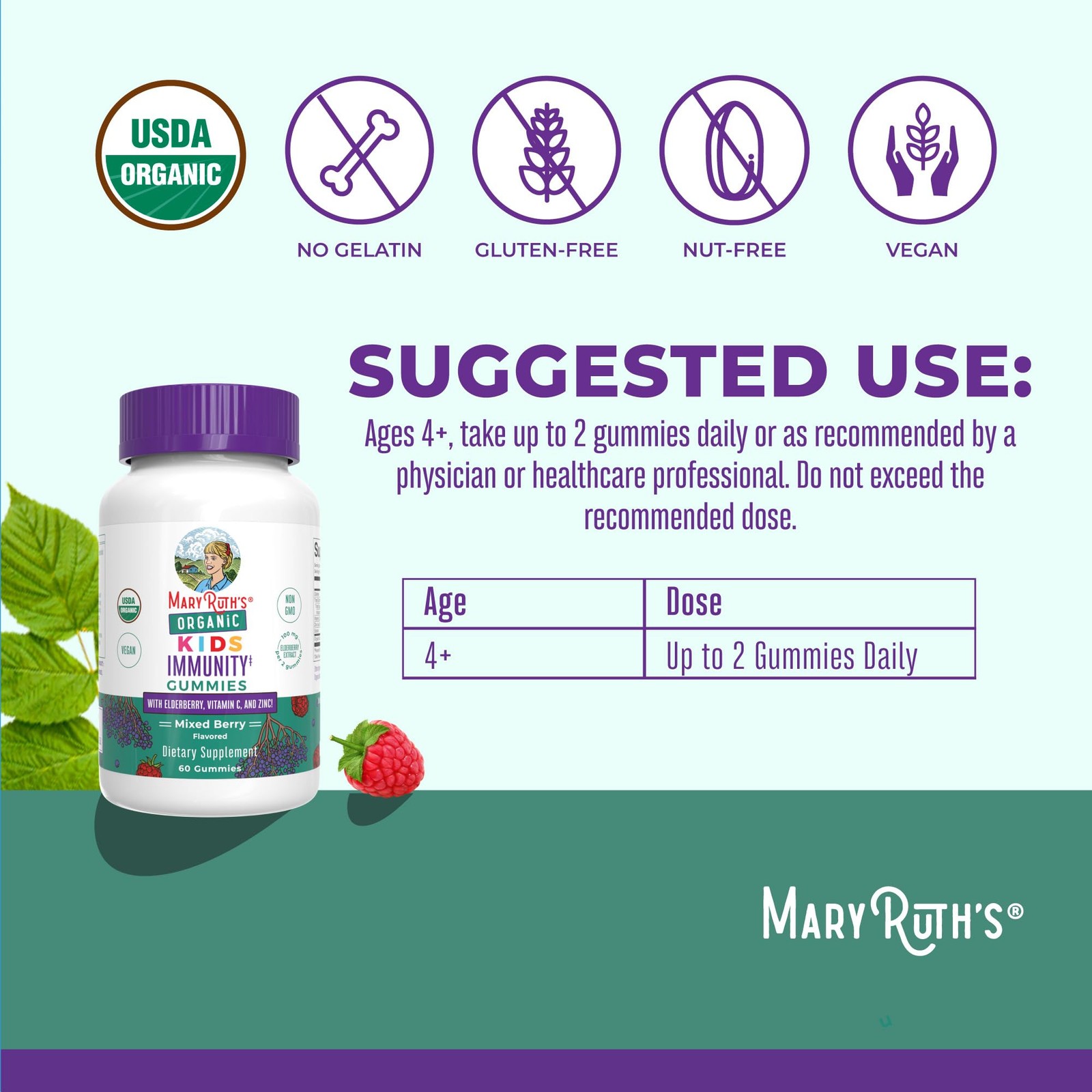 MARYRUTH’S Organics Kids Immune 60 Count (Pack of 1), Purple, White, Green