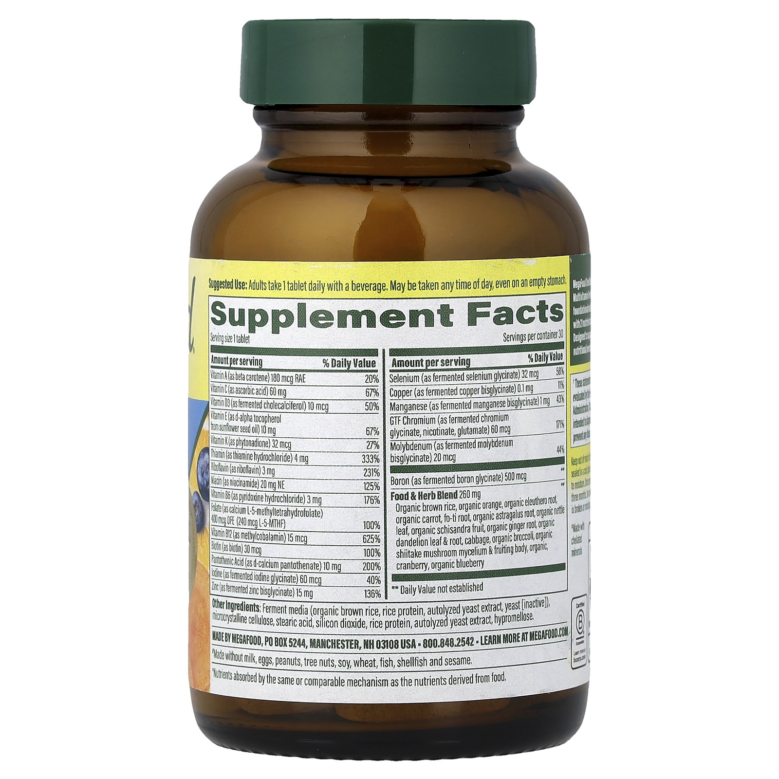 MegaFood Men s One Daily 30 Tablets Dairy-Free, Gluten-Free, Iron-Free,