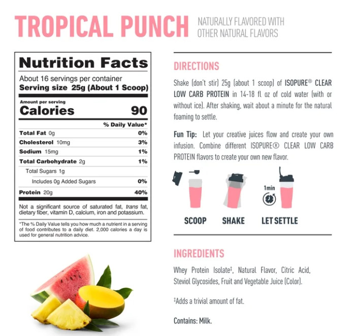 Isopure Clear Low Carb 100% Whey Protein Isolate, Tropical Punch, 16 Servings