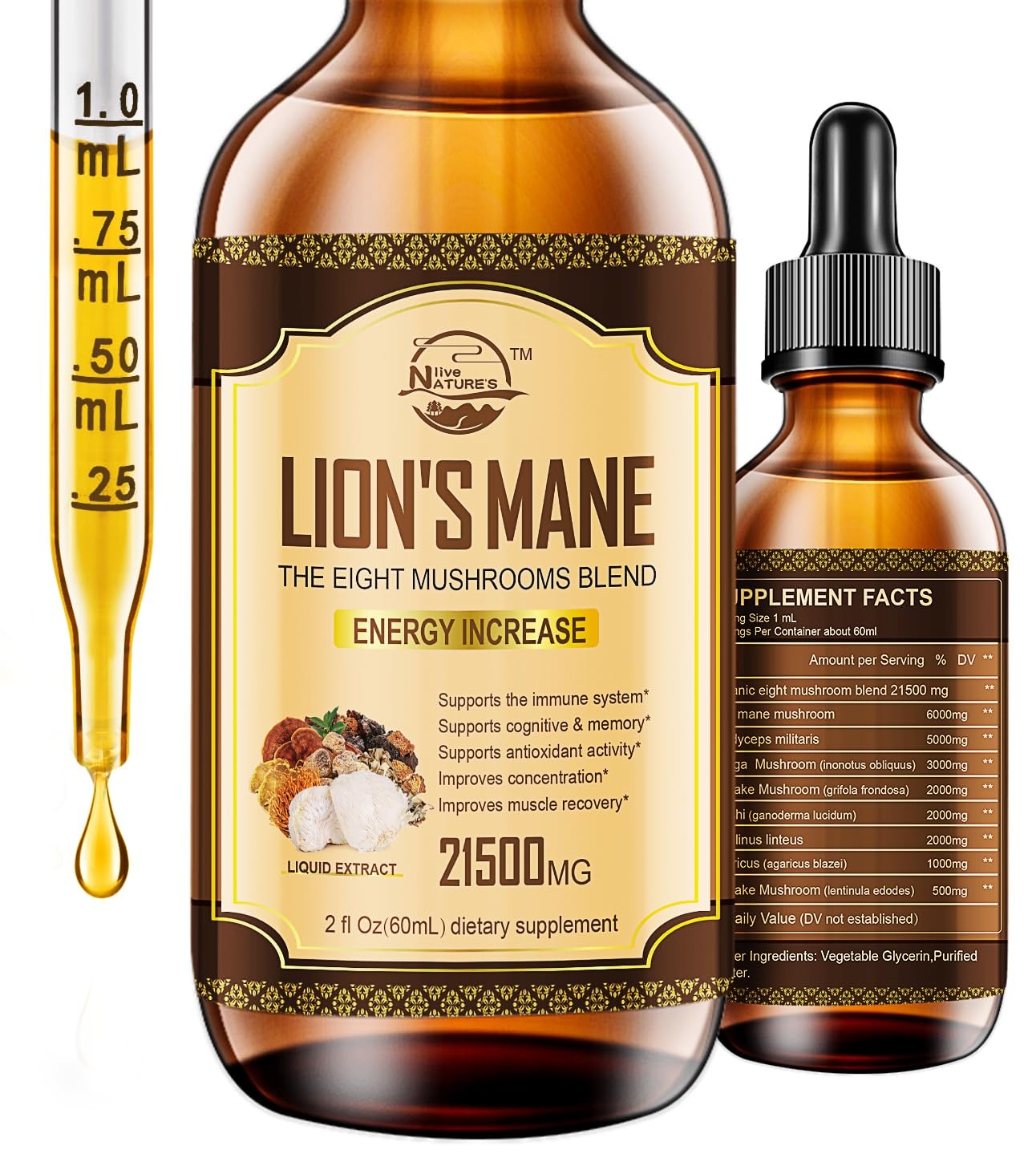 Lions Mane Supplement, Liquid Mushroom Extract Drops, 8 2 Fl Oz (Pack of 1)