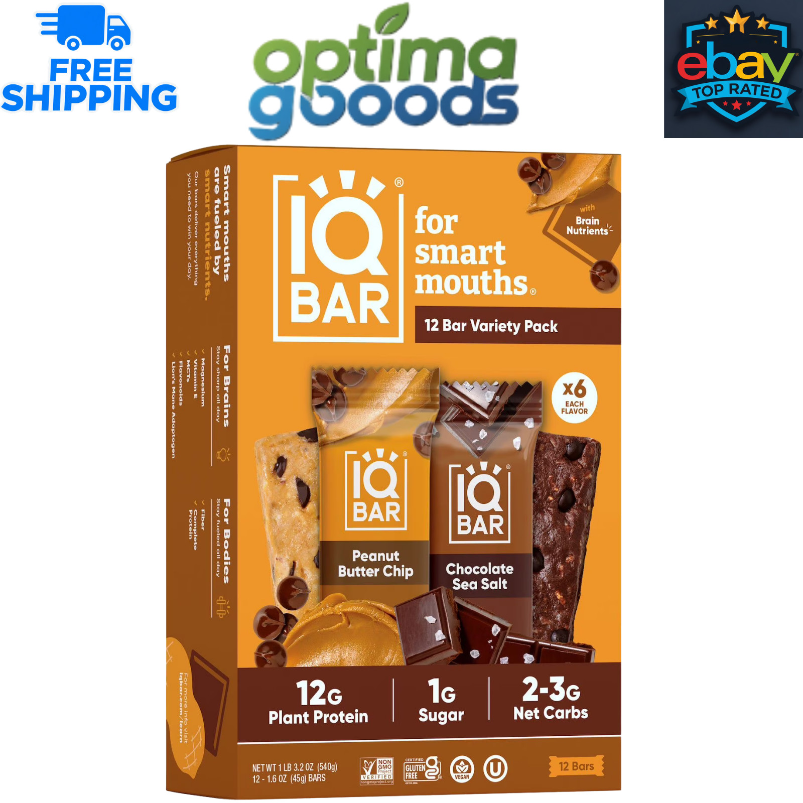 IQBAR Plant Protein Bar Variety Pack, 12 Pack – Chocolate Sea Salt & Peanut Butt