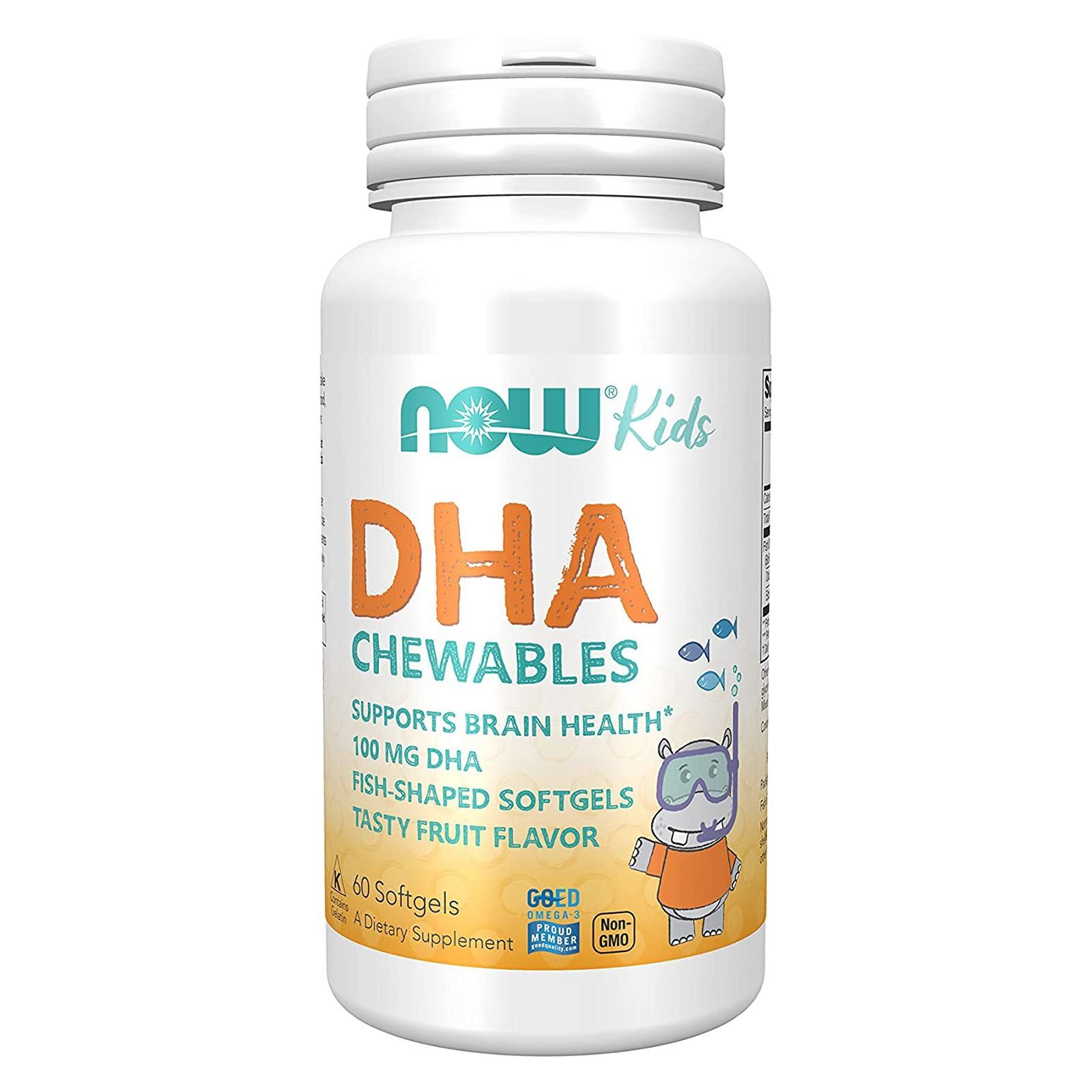 NOW DHA Kids Fish Oil 60 Chewable Softgels, Supports Brain Health, Fruit Flavor