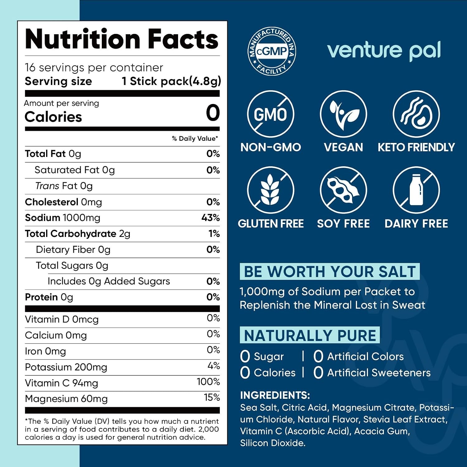 Venture Pal High Sodium Sugar Free Electrolytes Powder Packet – Hydration Packet