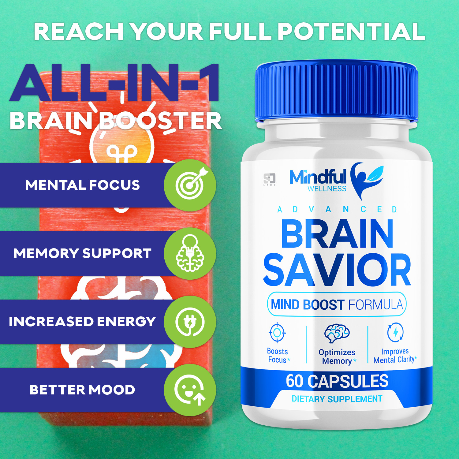 Mindful Wellnes Brain Savior Nootropic, Brain Booster for Memory & Focus 1 Pack