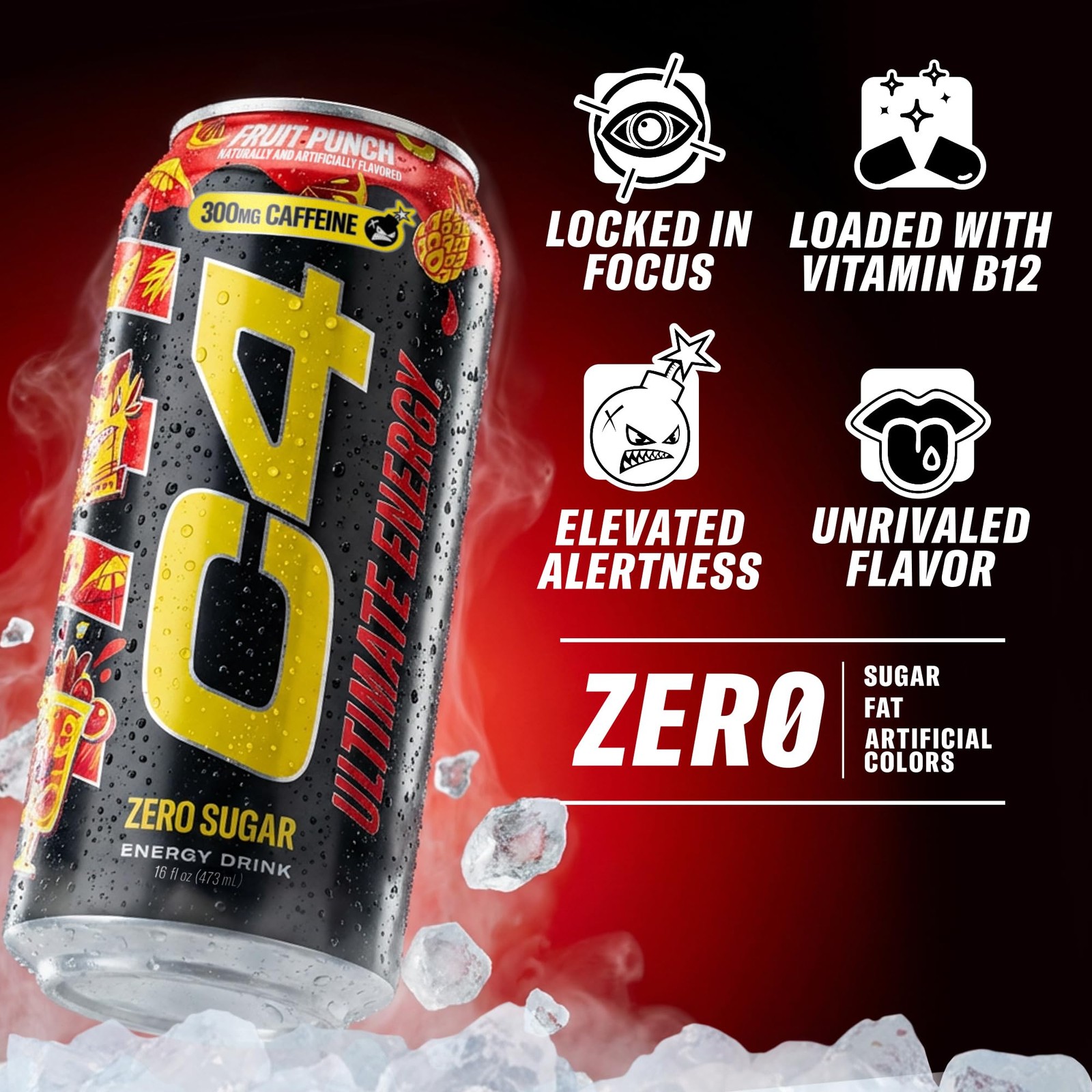 C4 Ultimate Energy Drink Fruit Punch 16oz Cans 12 Pack Case Zero Sugar 300mg