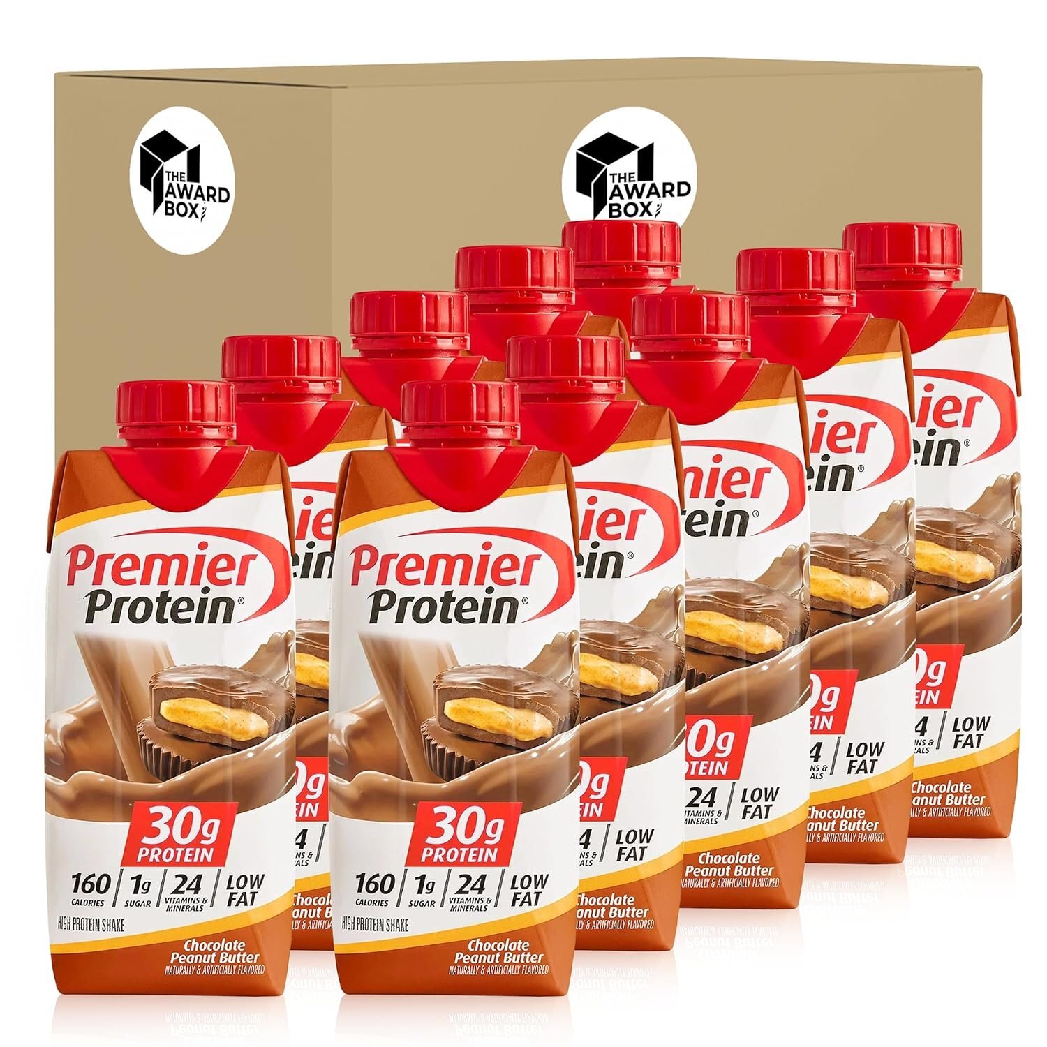 Premier Protein Chocolate Peanut Butter 10 Pack in The Award Box Packaging.