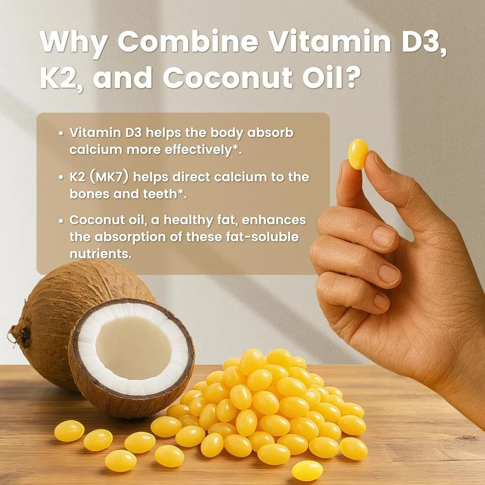VEV Vitamin D3 Con K2 10000 IU, 300 Virgin Coconut Oil Softgels, 2 in 1 Vitamin
