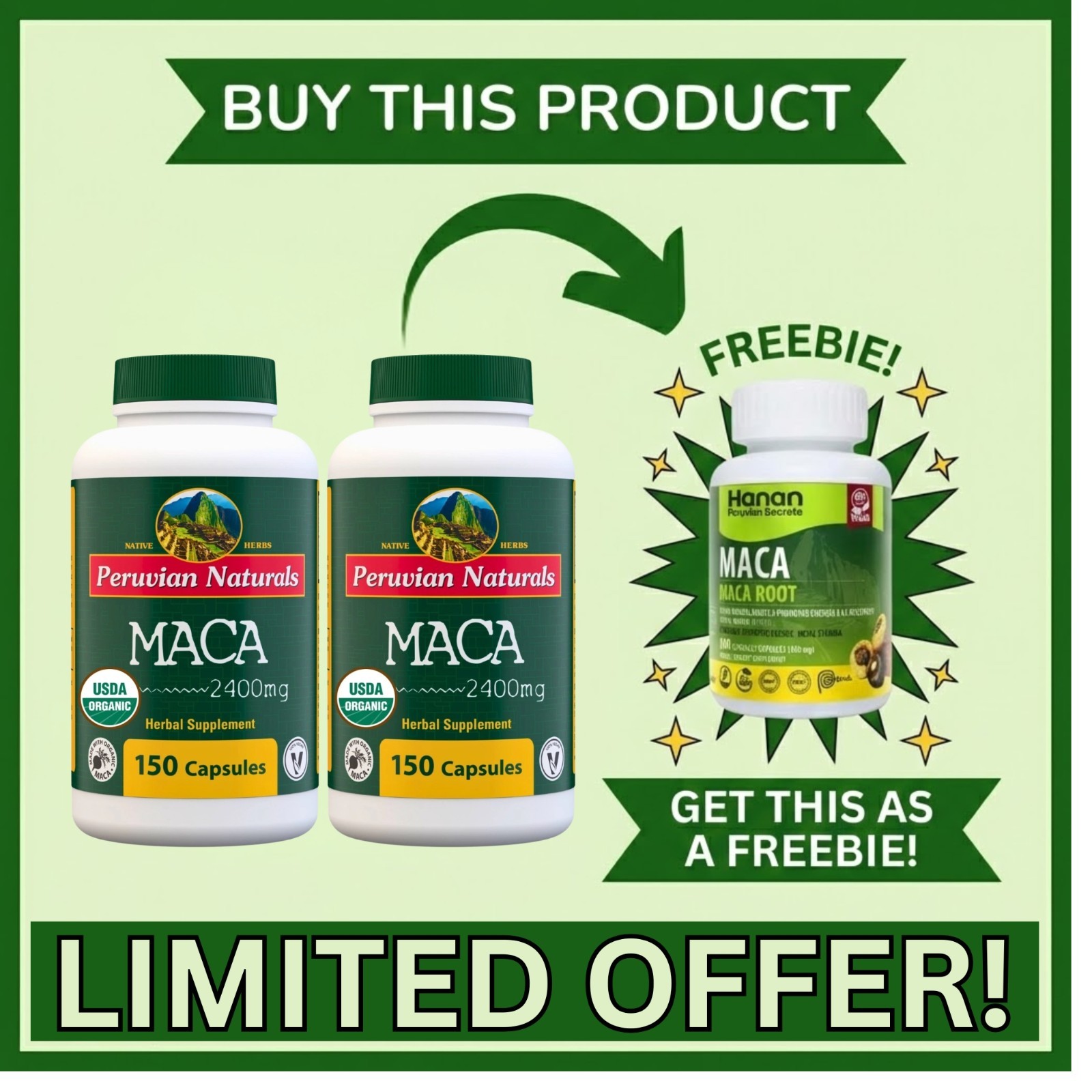 Organic Maca Capsules 800mg Black Red Yellow Maca for Men & Women from Peru