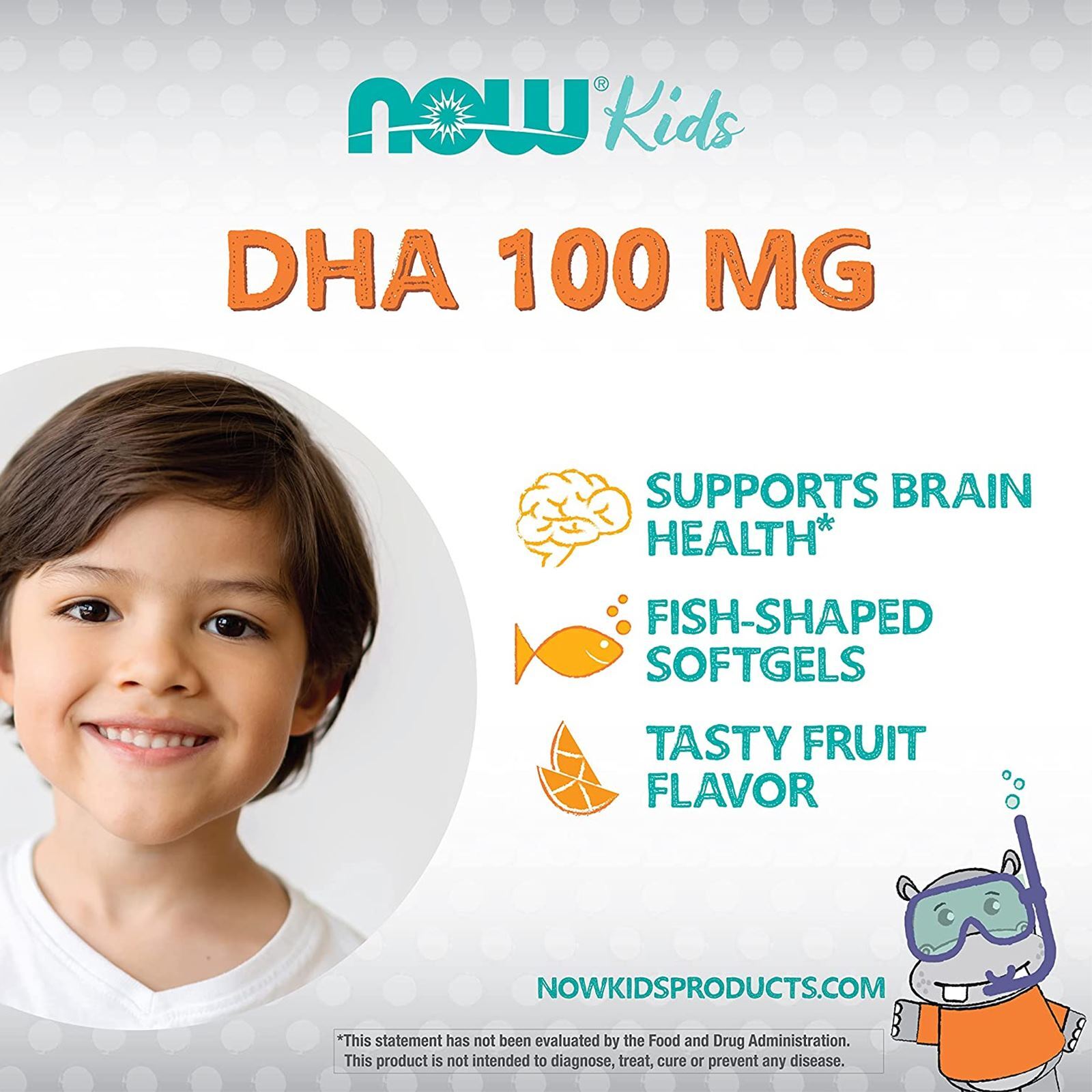 NOW DHA Kids Fish Oil 60 Chewable Softgels, Supports Brain Health, Fruit Flavor