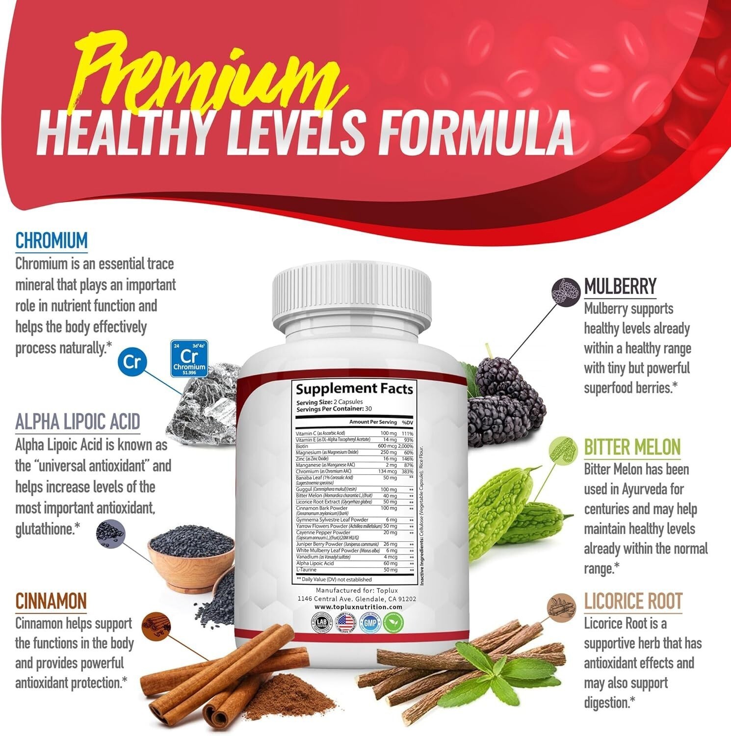 Toplux Premium Blood Sugar Complex Supplement Supports Healthy Blood Sugar Level