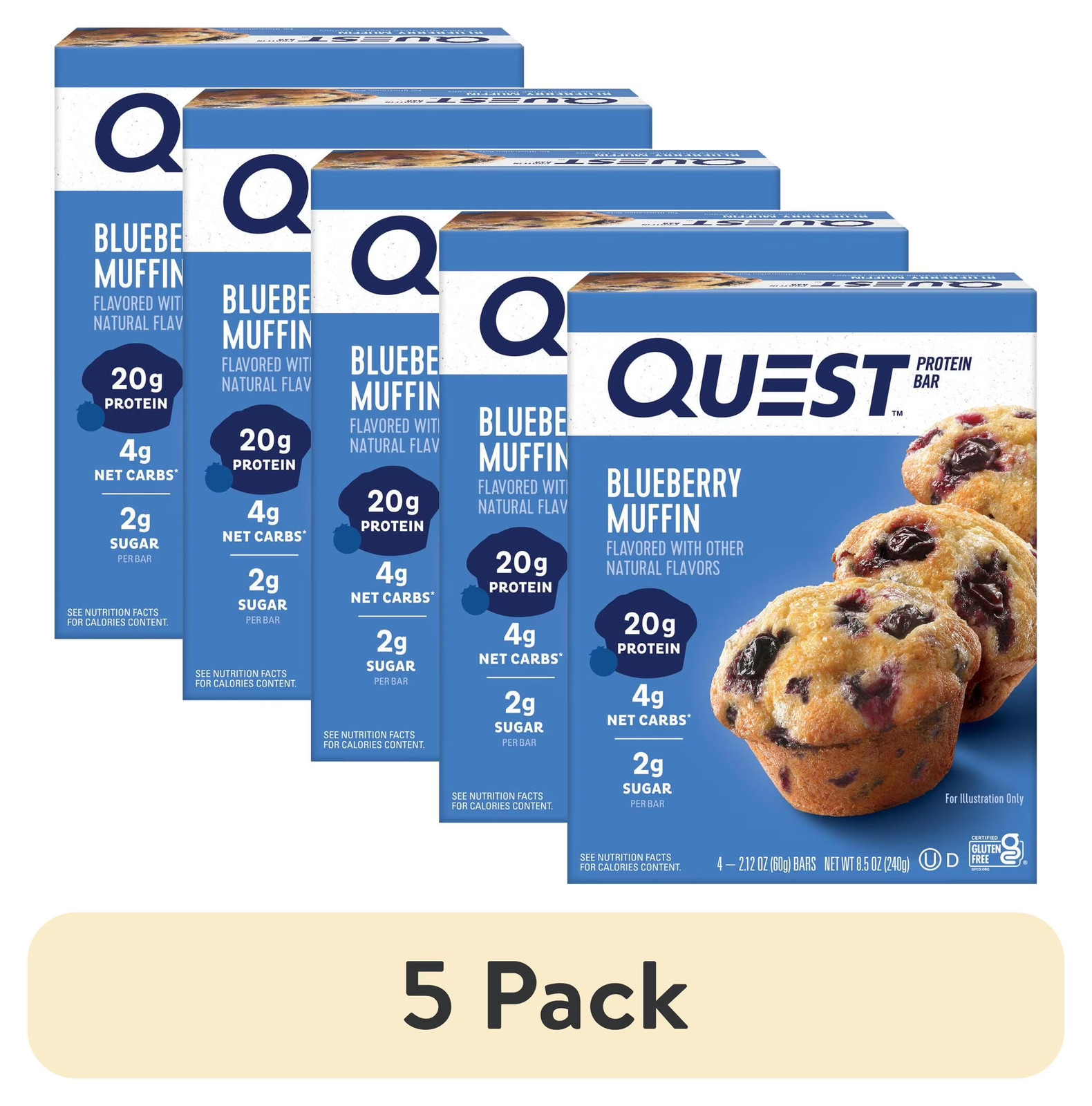(5 Pack) Protein Bar, Blueberry Muffin Flavor, 21G of Protein, Gluten Free, 4 C