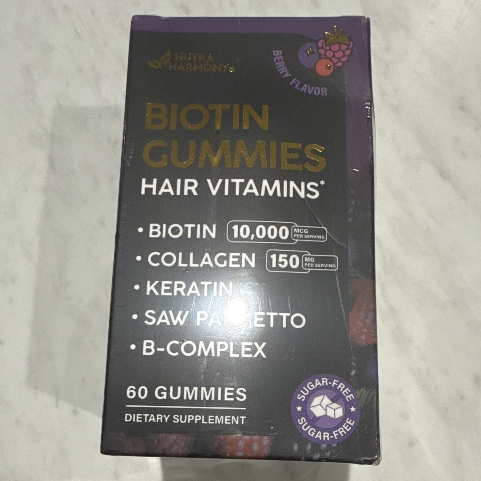 Nutra Harmony Biotin Gummies 10,000mcg + Collagen Keratin 60 Berry Sugar-Free