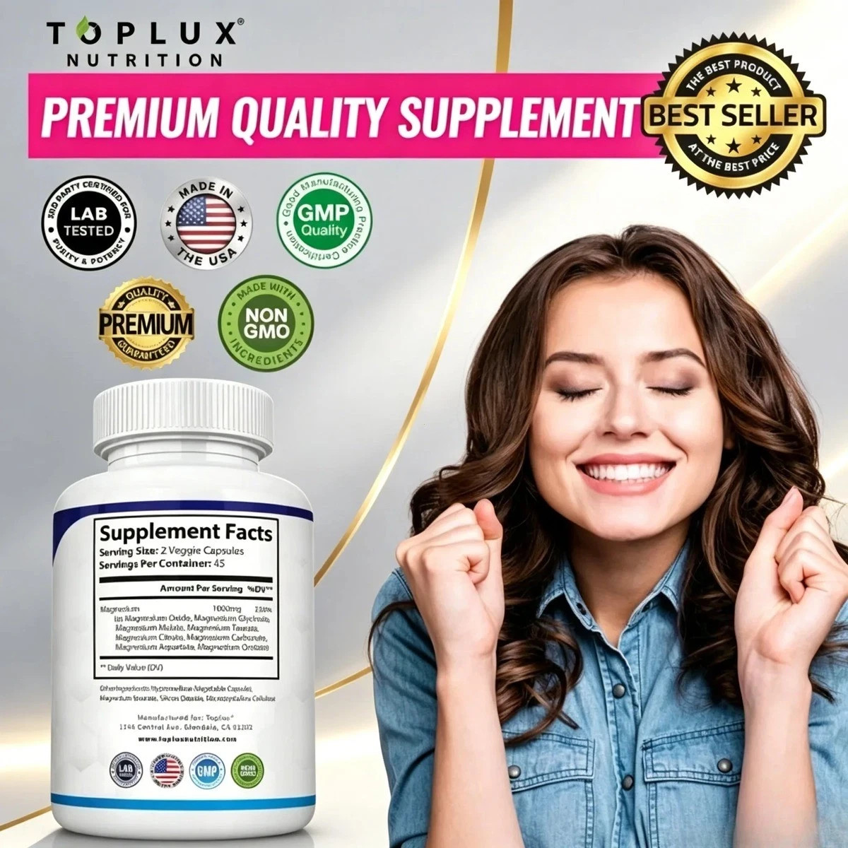 Toplux Magnesium Complex,8 Essential Forms,1000mg High Potency for Muscle&Sleep