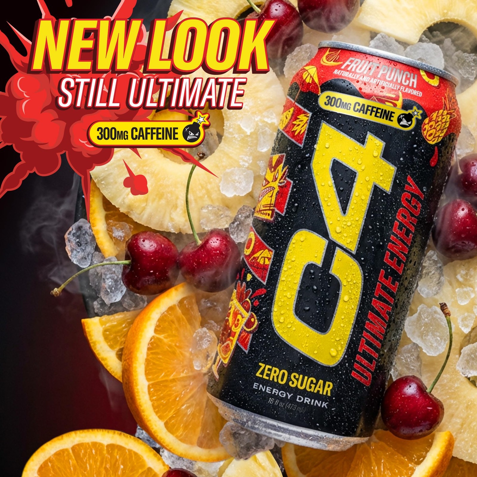 C4 Ultimate Energy Drink Fruit Punch 16oz Cans 12 Pack Case Zero Sugar 300mg