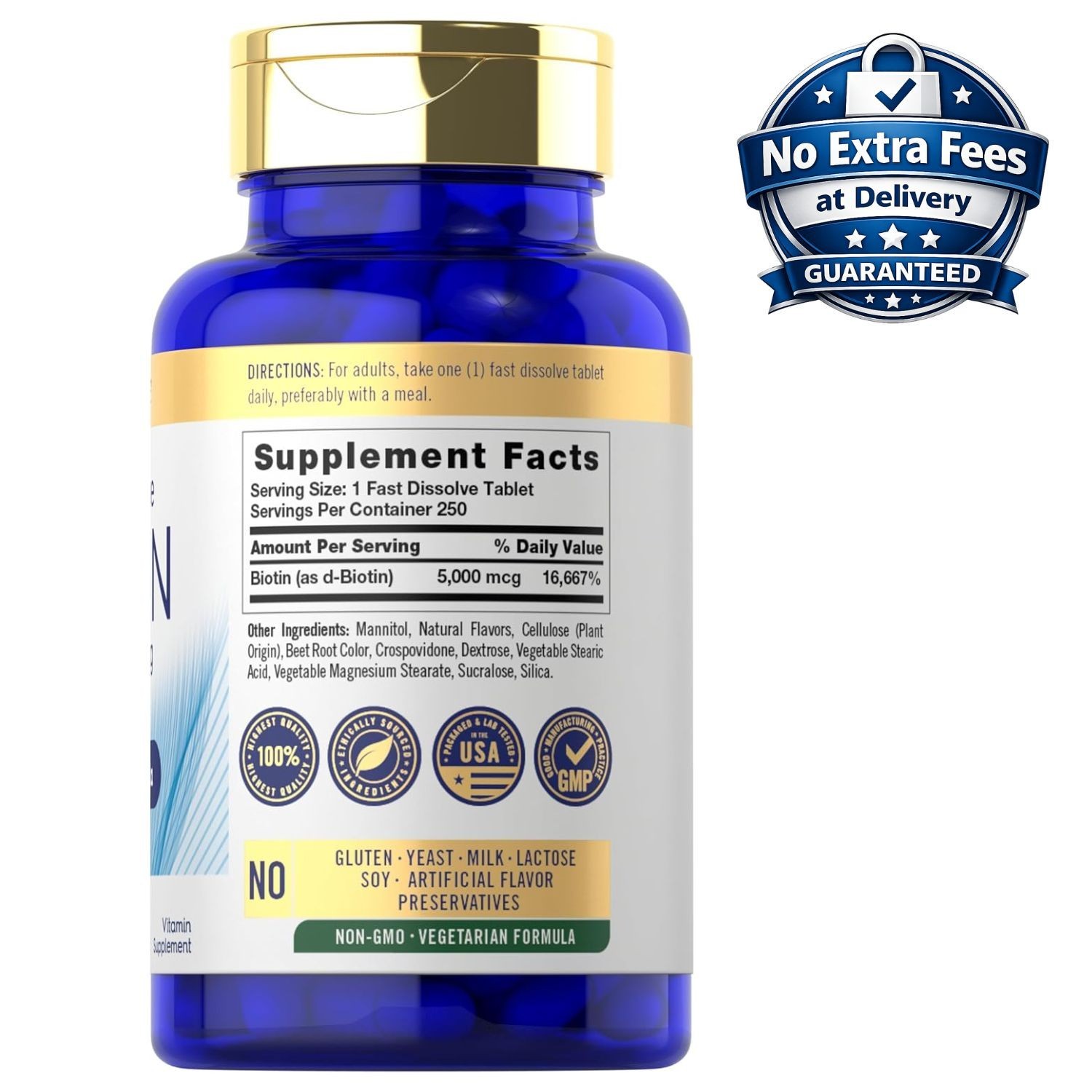 Vitamin B7 Fast Dissolve | Biotin 5000mcg 250 Tablets | Natural Berry Flavor
