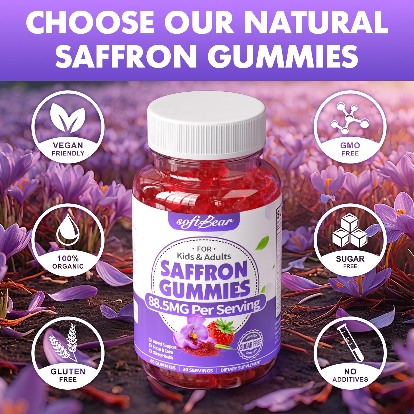 softbear Saffron Gummies for Kids & Adults 10-in-1 Organic Saffron Supplement…