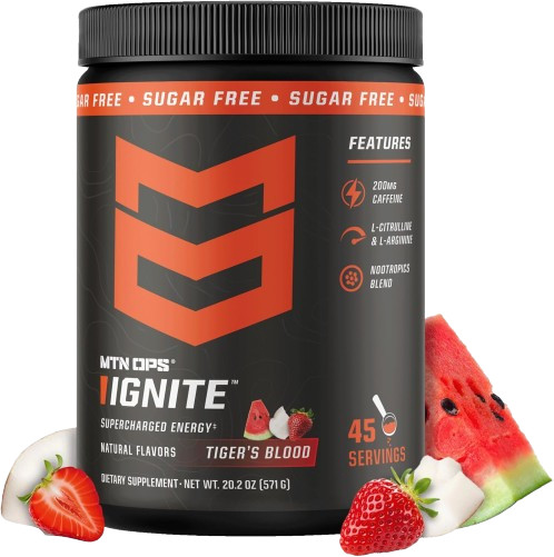 MTN OPS Ignite Energy Drink Powder Sugar Free 45 Servings Tiger’s Blood