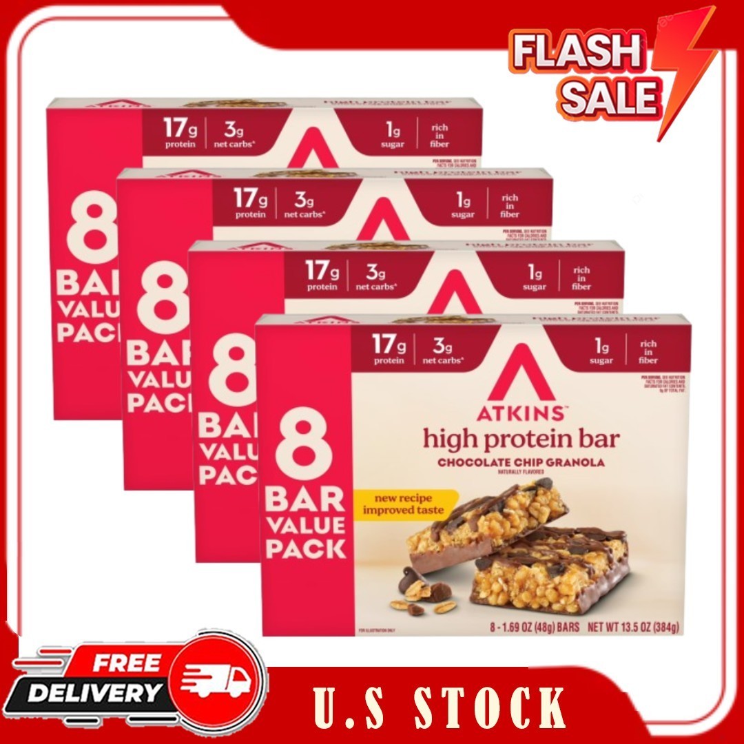 4 Boxes Atkins High Protein Bars Chocolate Chip Granola 8 ct