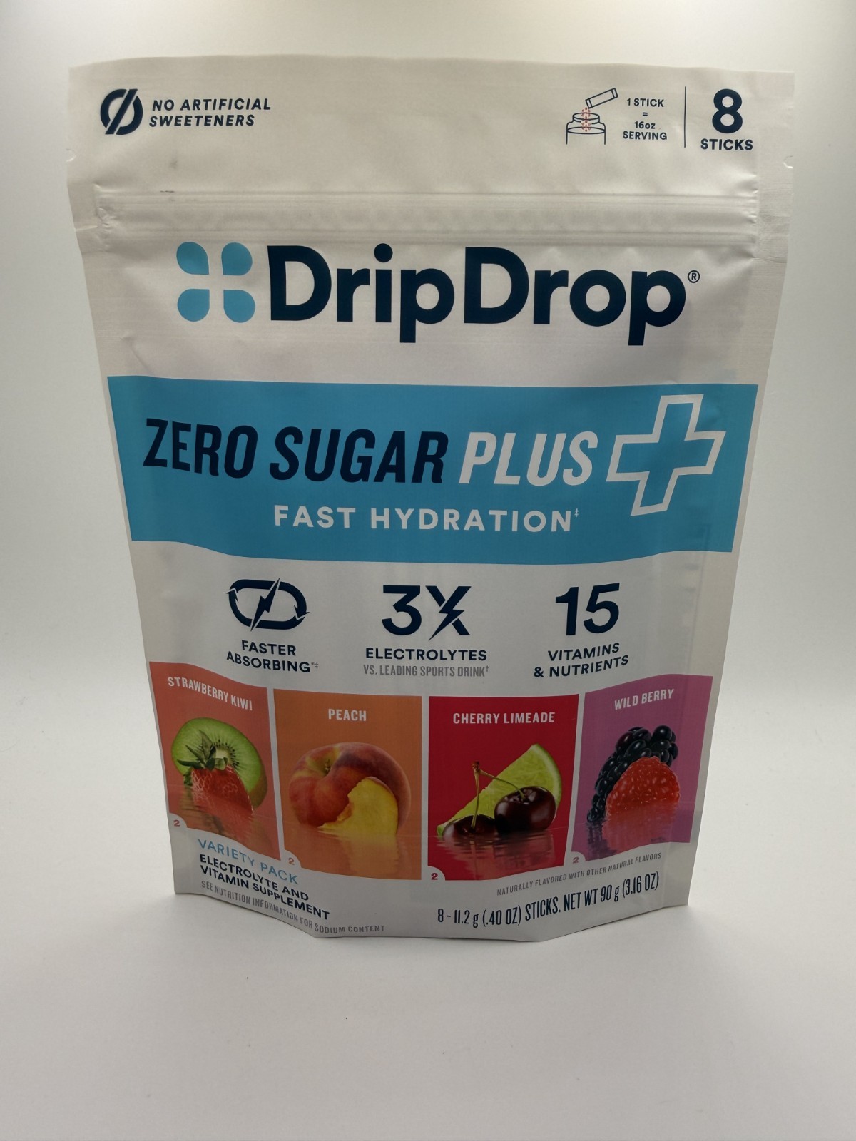 DripDrop Hydration Zero Sugar Plus Variety Pack, 4 Flavors, 8 Stick Packs – New