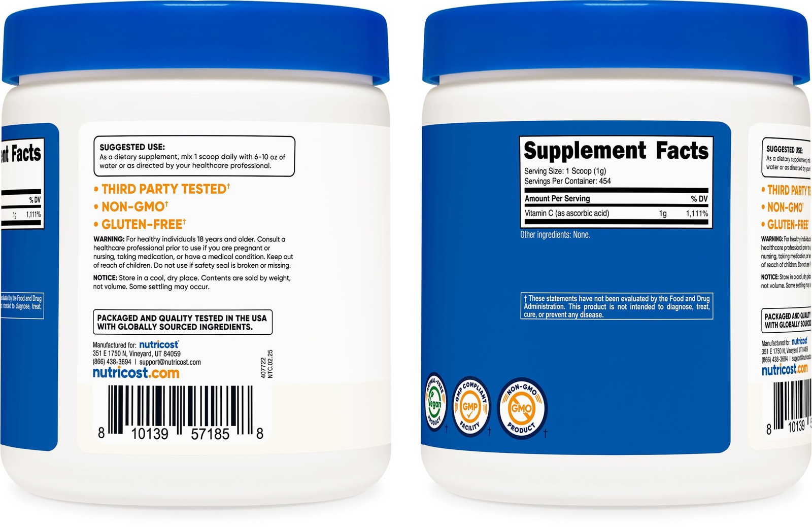 Nutricost Pure Ascorbic Acid Powder (Vitamin C) 1LB 16.2 Ounce (Pack of 1)