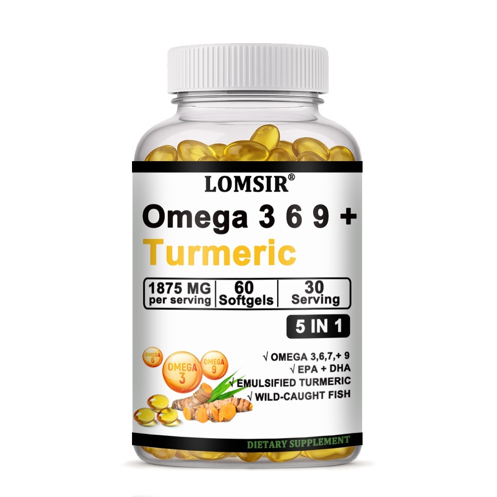 Triple Omega 3 6 9 Supplement Plus Turmeric Curcumin – 60 Softgels
