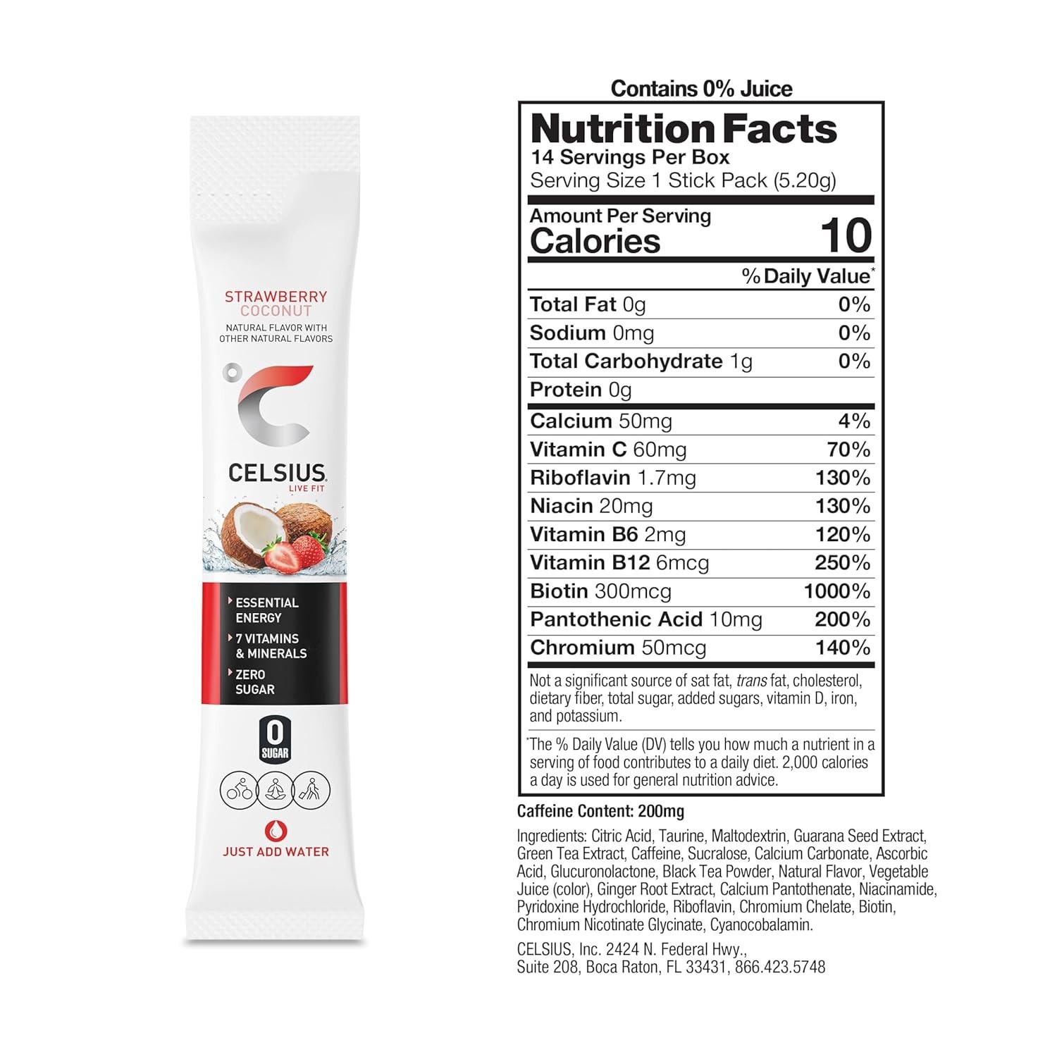 Convenient Energy Drink Mix – Sugar-Free Strawberry Coconut 14 Stick Pack