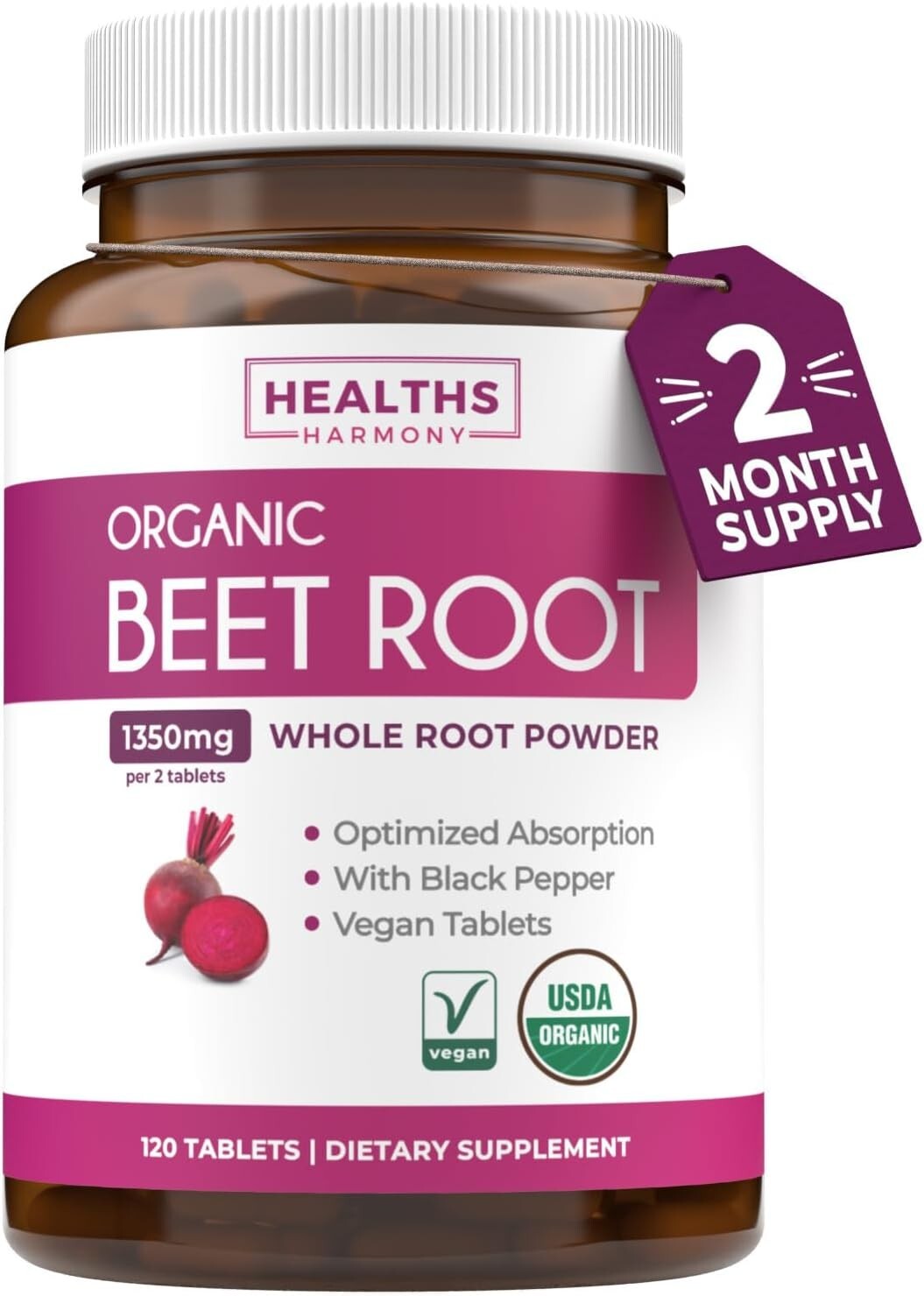 USDA Organic Beet Root Powder 1350mg Beets Per Serving with Black Pepper, 120ct