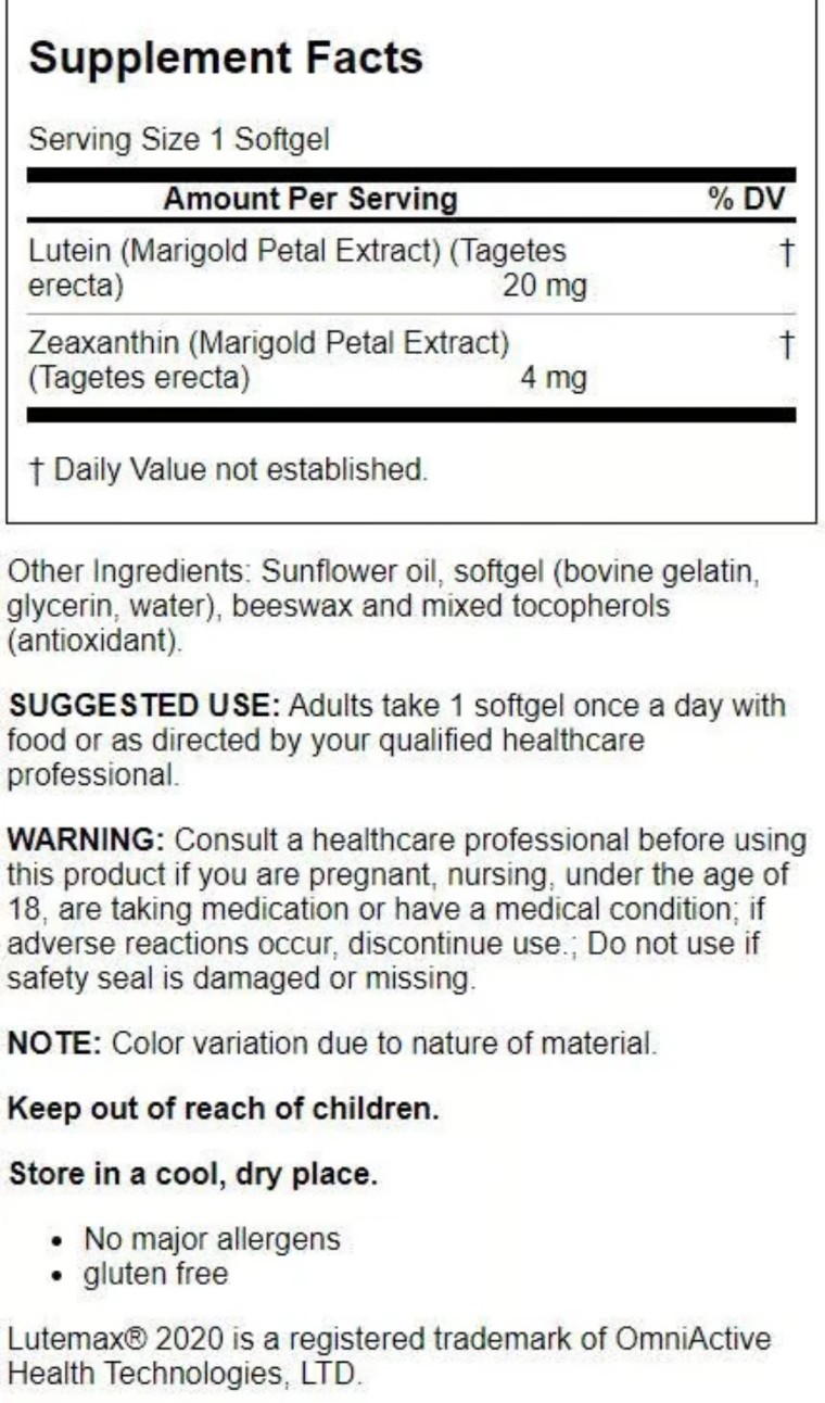Lutein 20 mg + 4 mg Zeaxanthin 60 Softgels Visual Function supports macular heal