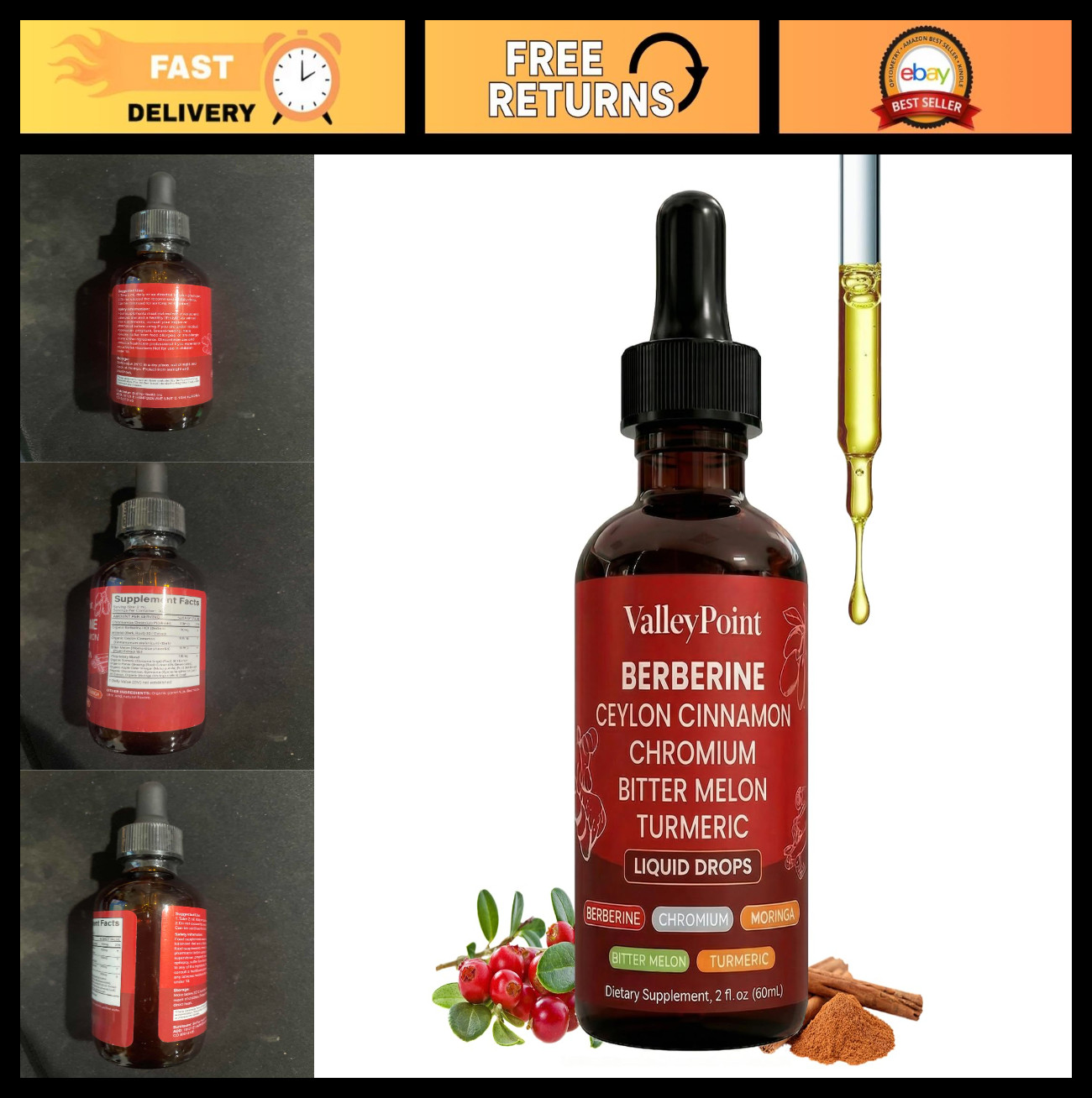Berberine Ceylon Cinnamon Drops – Non-GMO Vegan Liquid Supplement 60ml