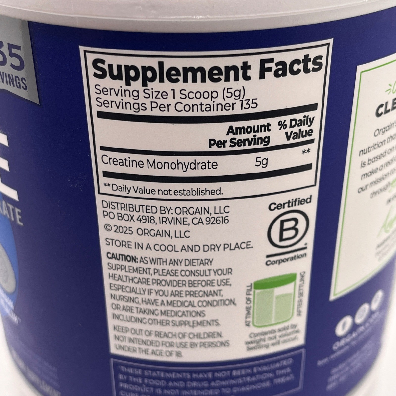 New Orgain Creatine Monohydrate Muscle Brain Unflavored 135 Serving 23.8 Oz