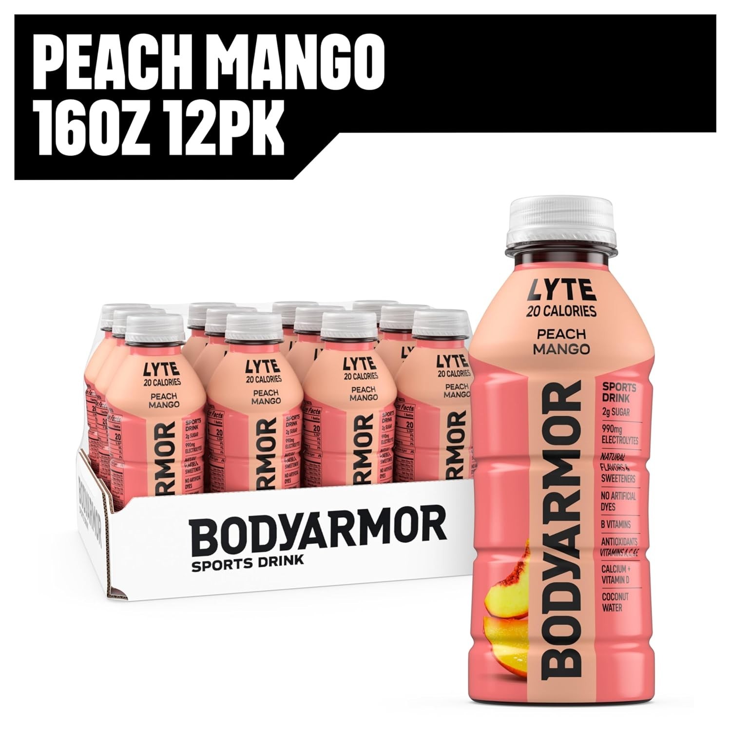 Electrolyte Drink Peach Mango 16 Fl Oz Bottles Pack of 24 Hydration Sports