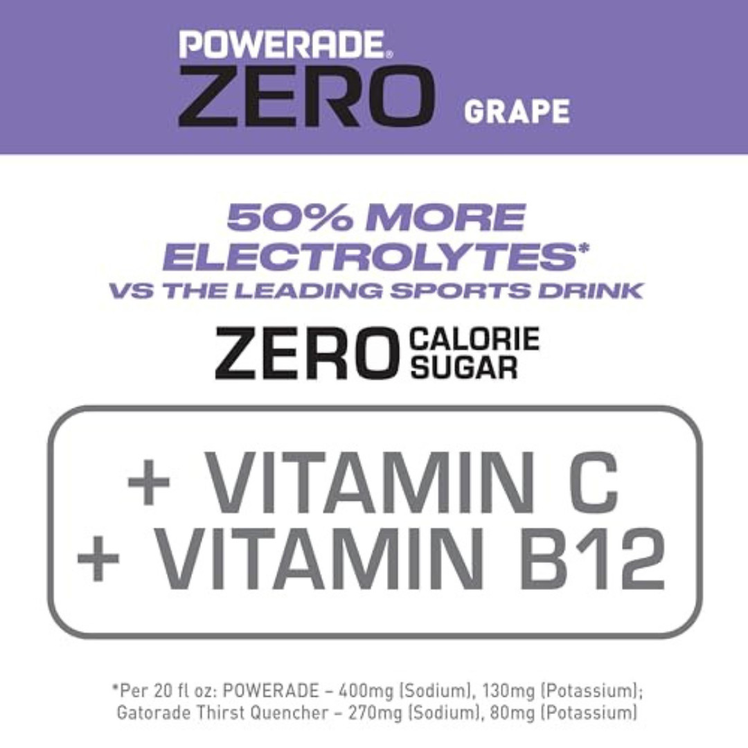 POWERADE Electrolyte Enhanced Zero Sugar Grape Sports Drink, 20 Ounce (Pack of 8