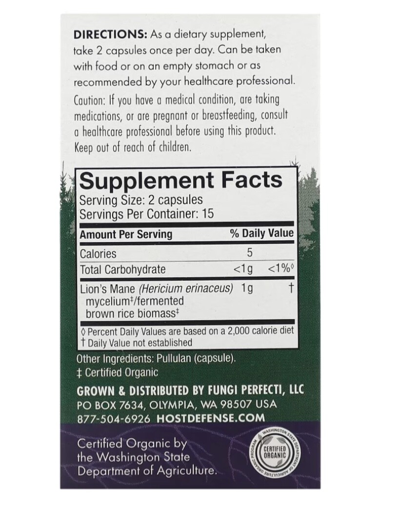 Host Defense Lion’s Mane – 30 Capsules Exp11/13/2026 #1613