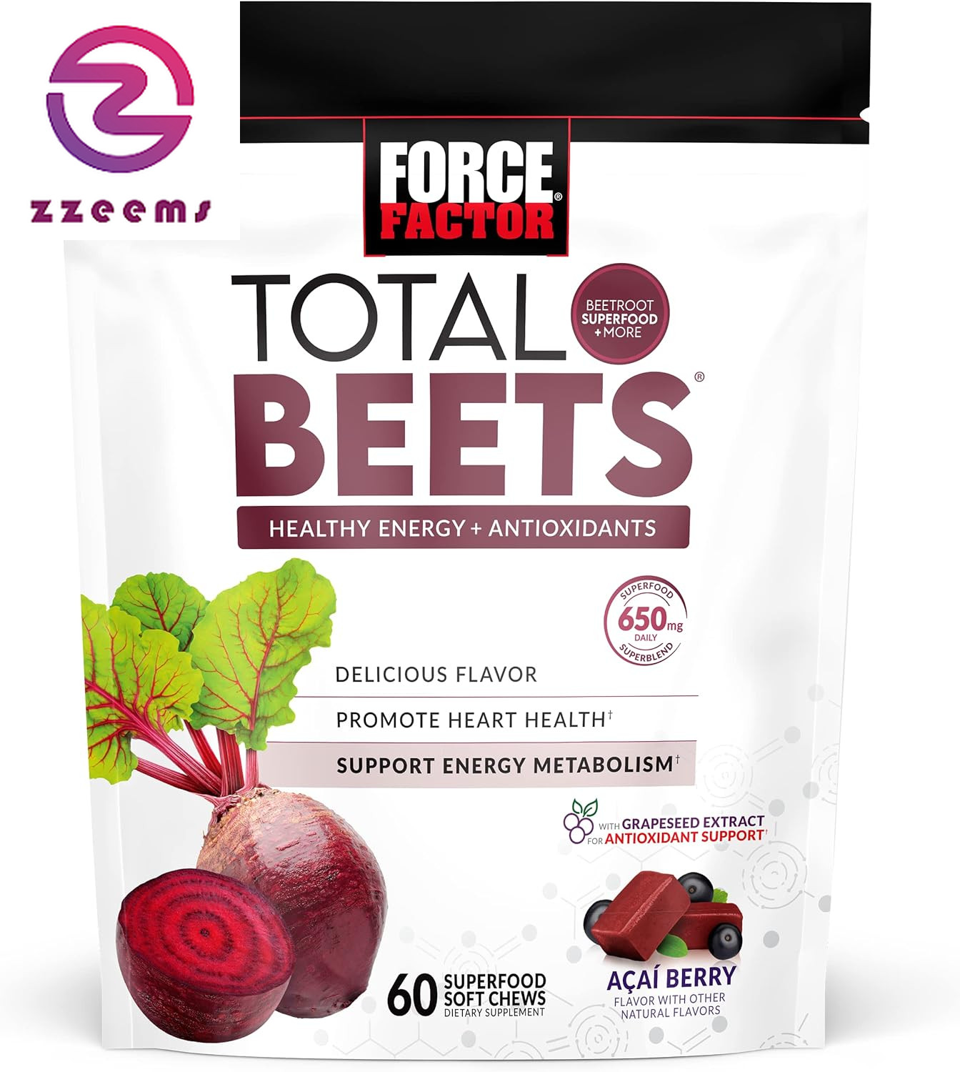Total Beets Soft Chews with Beetroot, Nitrates, L-Citrulline, Grapeseed Extract,