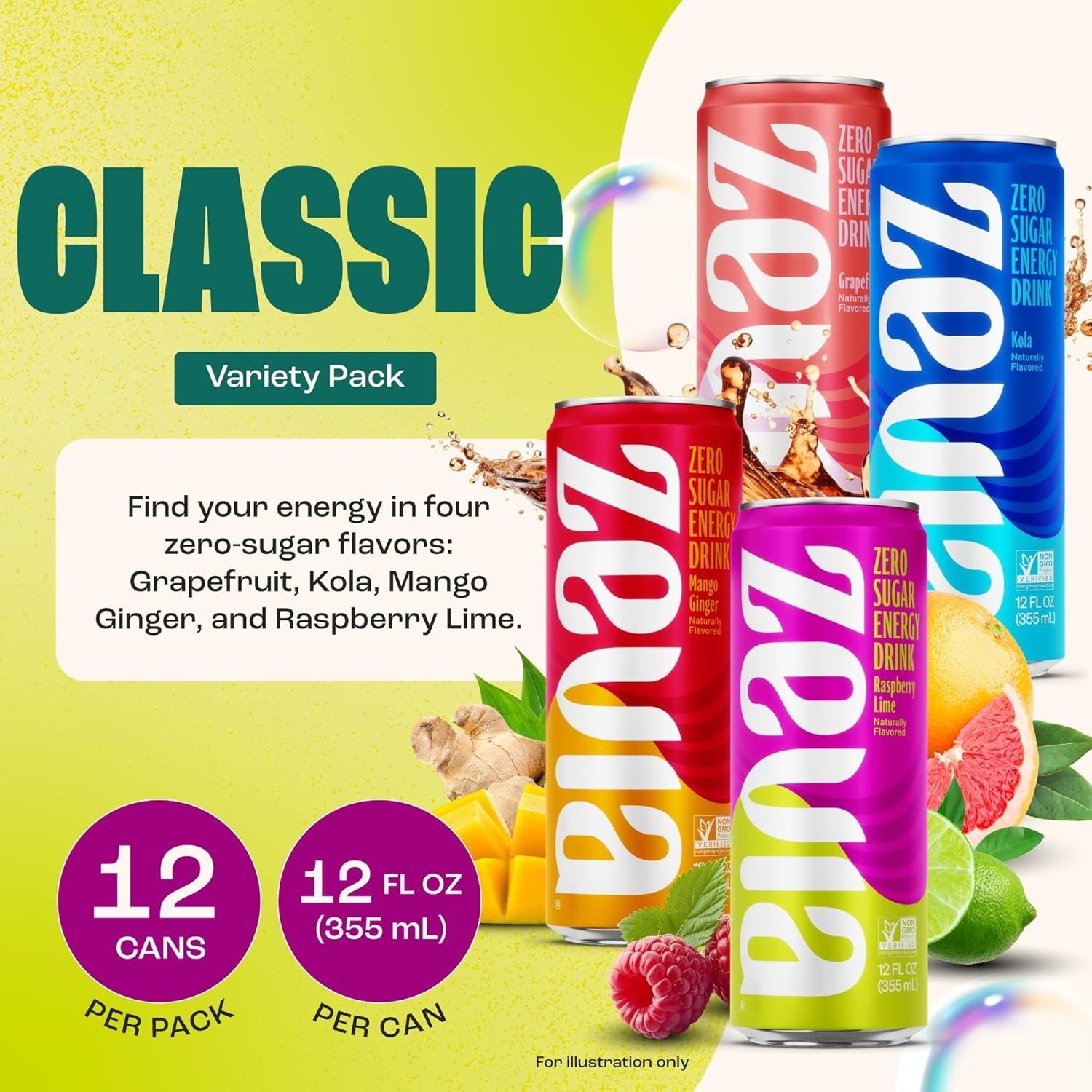 Zevia Zero Sugar Energy Drink, Classic Variety Pack, 12 12 Ounce (Pack of 12)
