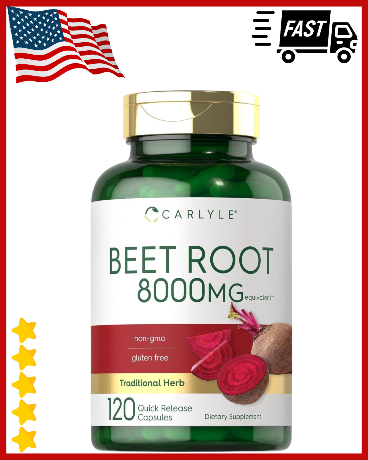 USDA Organic Extra Strength Beet Root 20:1 Extract 8000 mg Strength 120 Capsules