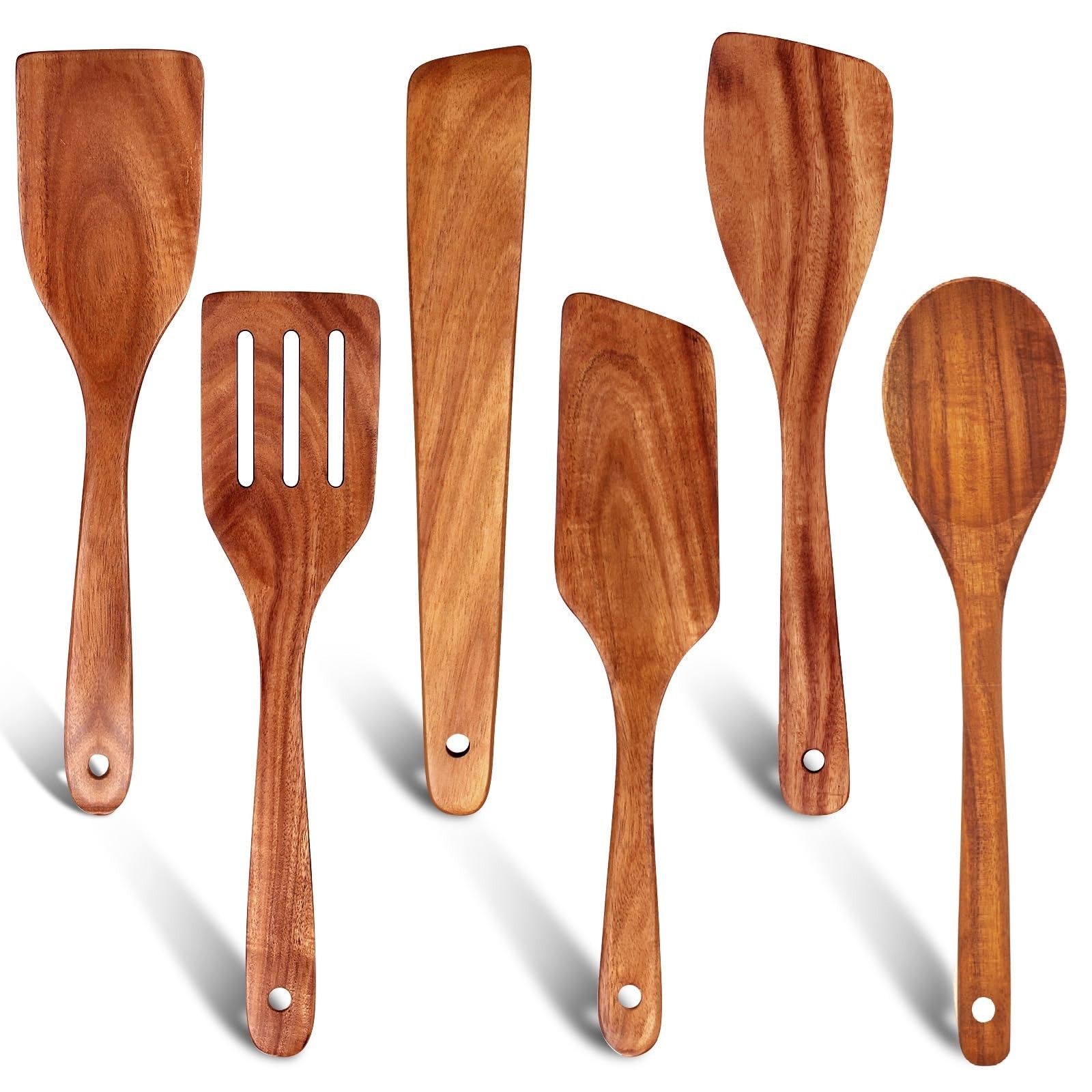 6 Pcs Best Flat Wood Spatula Set Teak Wooden Spoon for Cooking Utensils Slott…