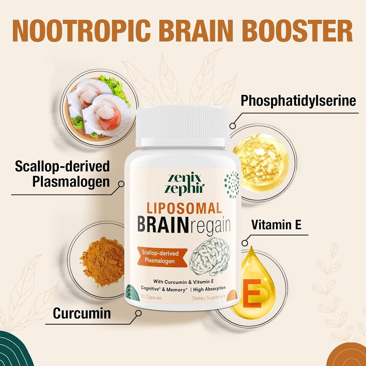 Liposomal Brain Supplement with Plasmalogen, Curcumin & Vitamin E – 60 Softgels