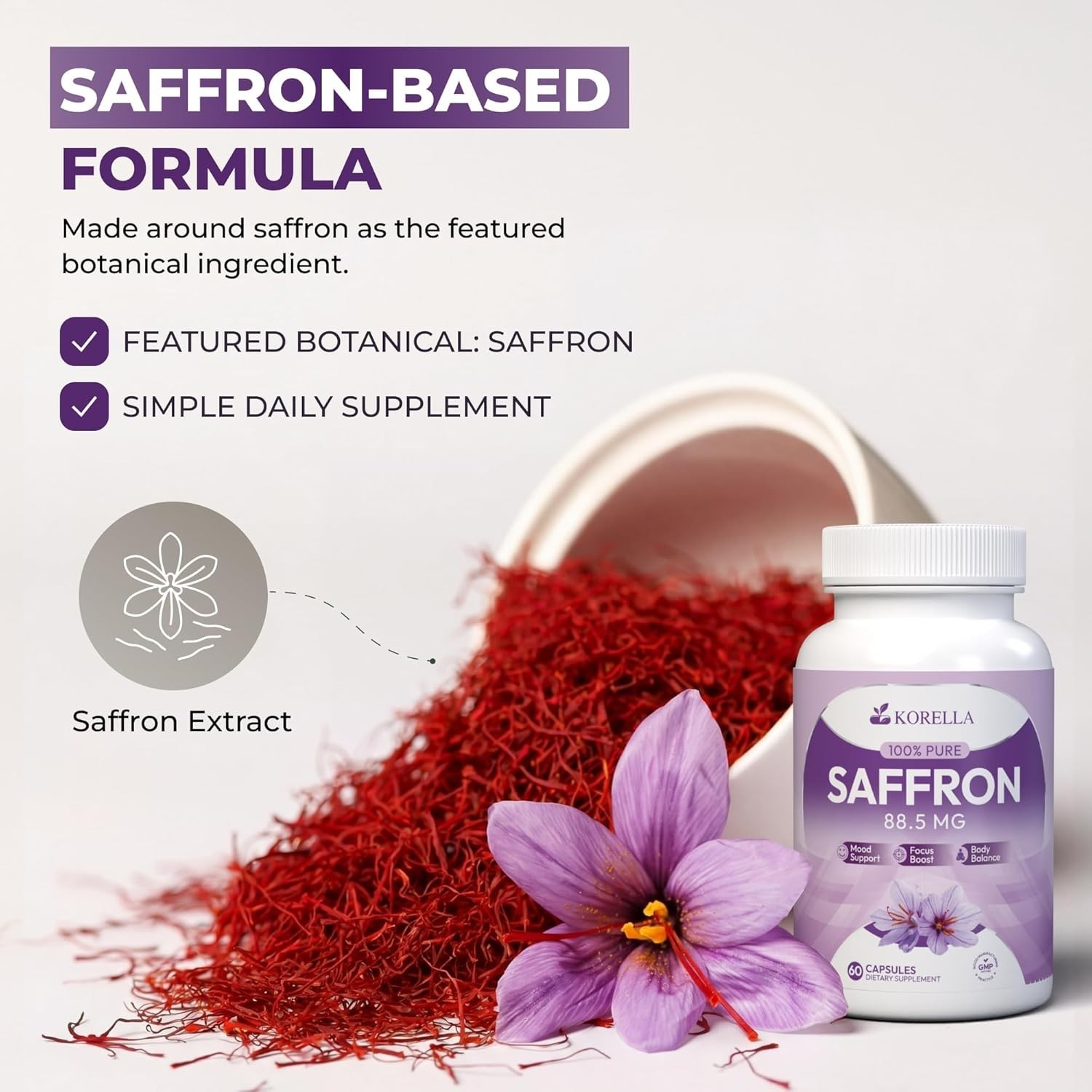 Korella Saffron Capsules 88.5mg Supplement 60ct Non-GMO Herbal Support