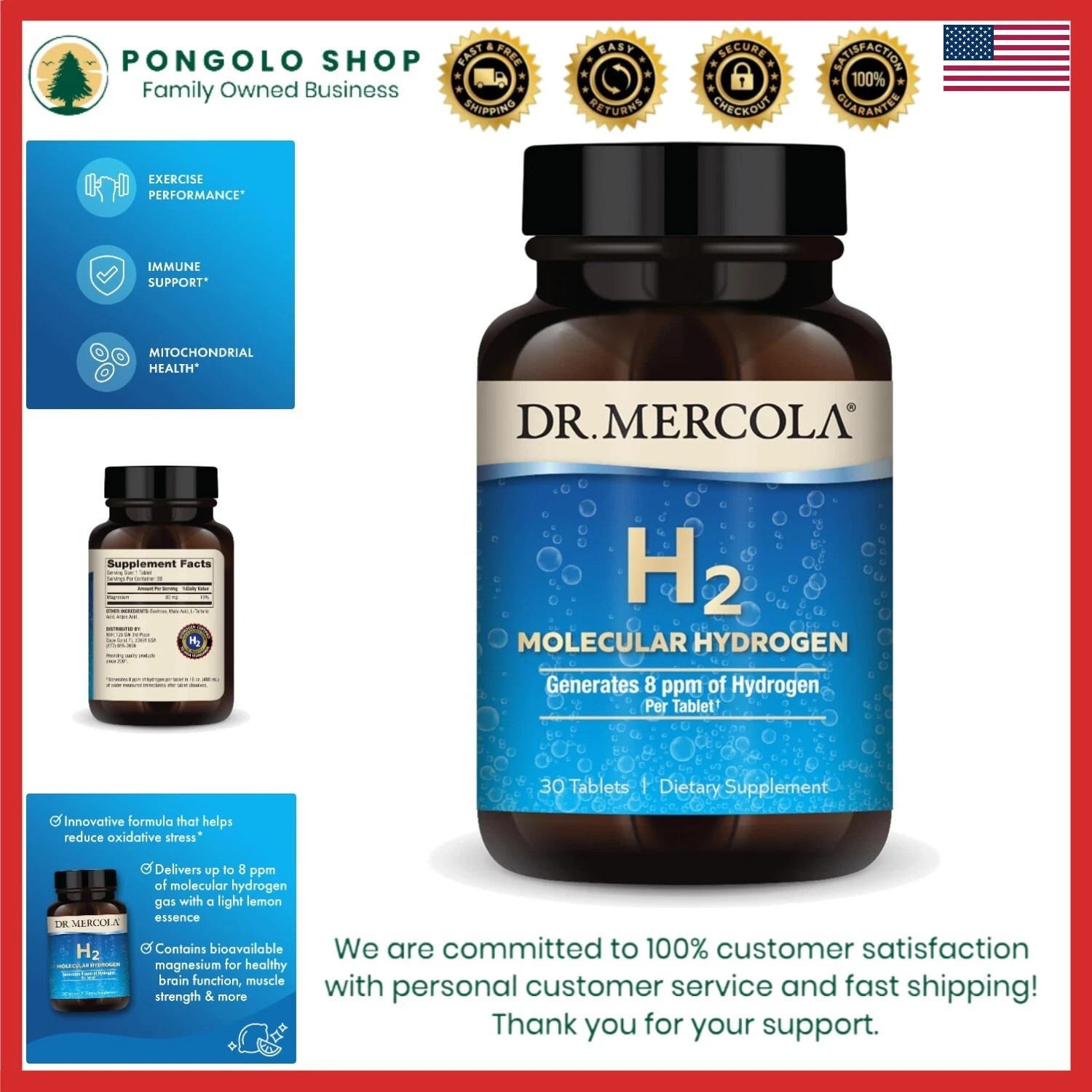 H2 Molecular Non Servings Supplement, 30 Dietary (30 Tablets), Hydrogen GMO, Glu