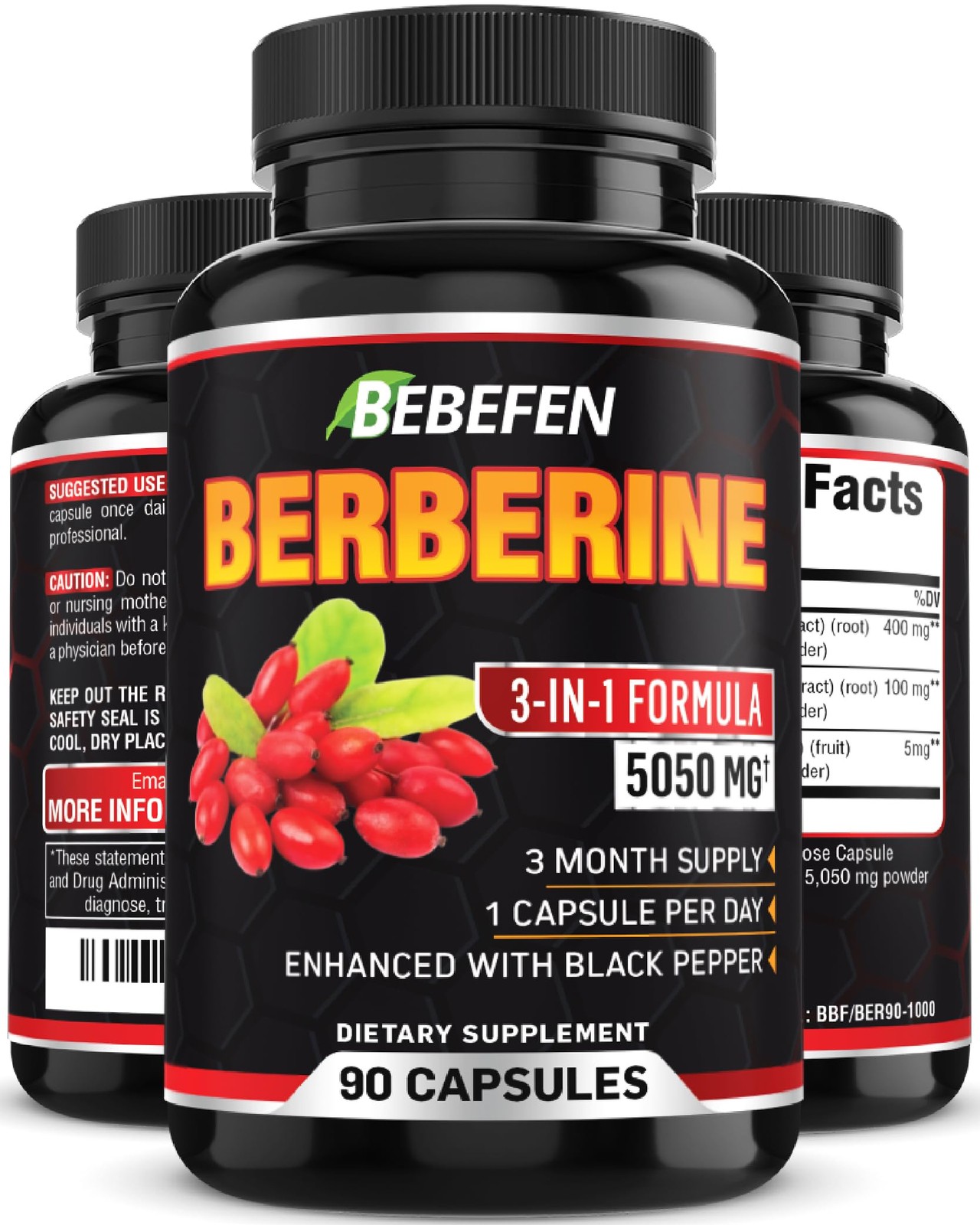 Berberine Capsules with Black Pepper Extract – 90 Capsules – 3 Month Supply